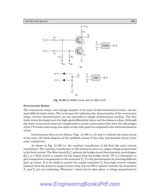 D-8N-SYSTEM1SYS14-4.PM6.5
PROTECTIVE RELAYS 439
+VCC
V0
R1
T1
T2
R2
R2
R1
–VBB –VBB
(d)
p
q
NAND R
p
q
AND R
p
q
V0
(e)
R1
Vp
Vq
Fig. 14.105 (d) NAND circuit; and (e) AND circuit.
Overcurrent Relays
The overcurrent relays, even though simplest of all types of electromechanical relays, are the
most difficult static relays. This is because the induction disc characteristics of the overcurrent
relays (inverse characteristics) are not amenable to simple mathematical analysis. The first
static relays developed were the high speed differential relays and the distance relays. Although
the static overcurrent relays are complicated in circuit constructions they have the advantages
of low CT burden and occupy less space on the relay panel as compared to the electromechanical
relays.
Instantaneous Overcurrent Relays: Figs. 14.106 (a), (b) and (c) indicate the basic circuit
of the relay, the block diagram of the modified version of the relay and detailed circuit of the
relay respectively.
As shown in Fig. 14.106 (a), the auxiliary transformer is fed from the main current
transformer. The auxiliary transformer or the transactor gives an output voltage proportional
to the fault current. The filter circuit R1C1 protects the bridge circuit from transient overvoltages.
R2C2 is a filter circuit to smooth out the output from the bridge circuit. Th is a thermistor to
give temperature compensation to the transistor T1, P is the potentiometer for selecting different
pick up values. D is the diode to protect the output transistor T2 from high reverse voltages
induced when the inductive output circuit (relay trip coil TR) is opened. Initially the transistors
T1 and T2 are not conducting. Whenever a short circuit takes place, a voltage proportional to
www.EngineeringBooksPdf.com
 