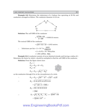 LINE CONSTANT CALCULATIONS 29
Example 2.2: Determine the inductance of a 3-phase line operating at 50 Hz and
conductors arranged as follows. The conductor diameter is 0.8 cm.
3.2 m
3.2 m
1.6 m
1.6 m 1.6 m
1.6 m
Solution: The self GMD of the conductor
=
0 7788 0 8
2 100
. .
×
×
= 0.003115 metres.
The mutual GMD of the conductor
= 16 3 2 16
3 . . .
× × = 2.015 metres.
∴ Inductance per km = 2 × 10–4 ln
2 015
0 003115
.
.
= 2 × 6.472 × 10–4 Henry/km
= 1.294 mH/km. Ans.
Example 2.3: A conductor consists of seven identical strands each having a radius of r.
Determine the factor by which r should be multiplied to find the self GMD of the conductor.
Solution: From the figure shown here
D11 = r
D12 = D16 = 2r = D17
D14 = 4r
D13 = D15 = D D
14
2
45
2
−
as the conductors through 6 lie at the circumference of a circle.
∴ D13 = D15 = 16 4 12 2 3
2 2 2
r r r r
− = =
∴ D r r r r r r r
s1
2 2 3 4 2 3 2 2
7
= . . . . . .
= r r
7
7 7
128 3 384
. .
× =
D r r r r r r r
s7
2 2 2 2 2 2
7
= . . . . . .
= 64
7
r
∴ Ds = D D D D r
s s s s
1 2 3 7
7 6
49
384 64
... .
= ×
= 2 04 1017
49
. × . r
1
2
3
4
5
6
7
www.EngineeringBooksPdf.com
 