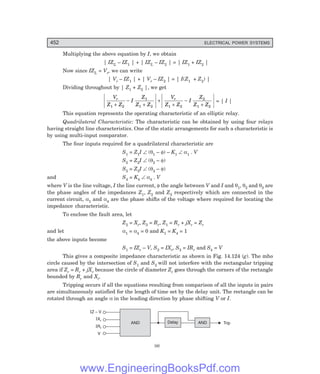 D-8N-SYSTEM1SYS14-5.PM6.5
452 ELECTRICAL POWER SYSTEMS
Multiplying the above equation by I, we obtain
| IZL – IZ1 | + | IZL – IZ2 | = | IZ1 + IZ2 |
Now since IZL = Vr, we can write
| Vr – IZ1 | + | Vr – IZ2 | = | I(Z1 + Z2) |
Dividing throughout by | Z1 + Z2 |, we get
V
Z Z
I
Z
Z Z
V
Z Z
I
Z
Z Z
r r
1 2
1
1 2 1 2
2
1 2
+
−
+
+
+
−
+
= | I |
This equation represents the operating characteristic of an elliptic relay.
Quadrilateral Characteristic: The characteristic can be obtained by using four relays
having straight line characteristics. One of the static arrangements for such a characteristic is
by using multi-input comparator.
The four inputs required for a quadrilateral characteristic are
S1 = Z1I ∠ (θ1 – φ) – K1 ∠ α1 . V
S2 = Z2I ∠ (θ2 – φ)
S3 = Z3I ∠ (θ3 – φ)
and S4 = K4 ∠ α4 . V
where V is the line voltage, I the line current, φ the angle between V and I and θ1, θ2 and θ3 are
the phase angles of the impedances Z1, Z2 and Z3 respectively which are connected in the
current circuit, α1 and α4 are the phase shifts of the voltage where required for locating the
impedance characteristic.
To enclose the fault area, let
Z2 = Xr, Z3 = Rr, Z1 = Rr + jXr = Zr
and let α1 = α4 = 0 and K1 = K4 = 1
the above inputs become
S1 = IZr – V, S2 = IXr, S3 = IRr and S4 = V
This gives a composite impedance characteristic as shown in Fig. 14.124 (g). The mho
circle caused by the intersection of S1 and S2 will not interfere with the rectangular tripping
area if Zr = Rr + jXr because the circle of diameter Zr goes through the corners of the rectangle
bounded by Rr and Xr.
Tripping occurs if all the equations resulting from comparison of all the inputs in pairs
are simultaneously satisfied for the length of time set by the delay unit. The rectangle can be
rotated through an angle α in the leading direction by phase shifting V or I.
AND Delay AND Trip
IZ – V
IXr
IRr
V
(a)
www.EngineeringBooksPdf.com
 