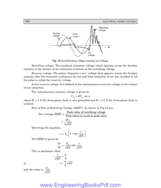 D-8N-SYSTEM1SYS15-1.PM6.5
484 ELECTRICAL POWER SYSTEMS
System
voltage
Fault
current
Restriking
voltage
Arc
voltage
t
Fig. 15.1(@) Restriking voltage including arc voltage.
Restriking voltage: The resultant transient voltage which appears across the breaker
contacts at the instant of arc extinction is known as the restriking voltage.
Recovery voltage: The power frequency r.m.s. voltage that appears across the breaker
contacts after the transient oscillations die out and final extinction of arc has resulted in all
the poles is called the recovery voltage.
Active recovery voltage: It is defined as the instantaneous recovery voltage at the instant
of arc extinction.
The instantaneous recovery voltage is given by
Var = KVm sin φ
where K = 1 if the three-phase fault is also grounded and K = 1.5 if the three-phase fault is
isolated.
Rate of Rise of Restriking Voltage (RRRV): As shown in Fig 15.1(a),
The average RRRV =
Peak value of restriking voltage
Time taken to reach to peak value
=
2V
LC
m
π
Rewriting the equation,
v = Vm
1−
F
H
G I
K
J
cos
t
LC
The RRRV is given by
dv
dt
=
V
LC
t
LC
m
sin
This is maximum when
t
LC
=
π
2
or t =
π
2
LC
and the value is
V
LC
m
www.EngineeringBooksPdf.com
 