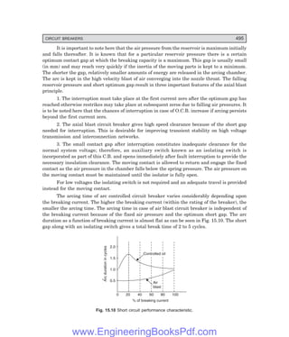 D-8N-SYSTEM1SYS15-1.PM6.5
CIRCUIT BREAKERS 495
It is important to note here that the air pressure from the reservoir is maximum initially
and falls thereafter. It is known that for a particular reservoir pressure there is a certain
optimum contact gap at which the breaking capacity is a maximum. This gap is usually small
(in mm) and may reach very quickly if the inertia of the moving parts is kept to a minimum.
The shorter the gap, relatively smaller amounts of energy are released in the arcing chamber.
The arc is kept in the high velocity blast of air converging into the nozzle throat. The falling
reservoir pressure and short optimum gap result in three important features of the axial blast
principle.
1. The interruption must take place at the first current zero after the optimum gap has
reached otherwise restrikes may take place at subsequent zeros due to falling air pressures. It
is to be noted here that the chances of interruption in case of O.C.B. increase if arcing persists
beyond the first current zero.
2. The axial blast circuit breaker gives high speed clearance because of the short gap
needed for interruption. This is desirable for improving transient stability on high voltage
transmission and interconnection networks.
3. The small contact gap after interruption constitutes inadequate clearance for the
normal system voltage; therefore, an auxiliary switch known as an isolating switch is
incorporated as part of this C.B. and opens immediately after fault interruption to provide the
necessary insulation clearance. The moving contact is allowed to return and engage the fixed
contact as the air pressure in the chamber falls below the spring pressure. The air pressure on
the moving contact must be maintained until the isolator is fully open.
For low voltages the isolating switch is not required and an adequate travel is provided
instead for the moving contact.
The arcing time of arc controlled circuit breaker varies considerably depending upon
the breaking current. The higher the breaking current (within the rating of the breaker), the
smaller the arcing time. The arcing time in case of air blast circuit breaker is independent of
the breaking current because of the fixed air pressure and the optimum short gap. The arc
duration as a function of breaking current is almost flat as can be seen in Fig. 15.10. The short
gap along with an isolating switch gives a total break time of 2 to 5 cycles.
-
2.0
1.5
1.0
0.5
0 20 40 60 80 100
Arc
duration
in
cycles
Controlled oil
Air
blast
% of breaking current
Fig. 15.10 Short circuit performance characteristic.
www.EngineeringBooksPdf.com
 