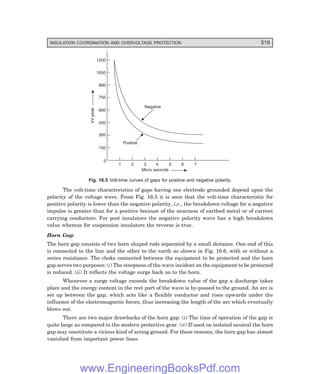 D-8N-SYSTEM1SYS16-1.PM6.5
INSULATION COORDINATION AND OVERVOLTAGE PROTECTION 519
1200
1050
900
750
600
450
300
150
0
1 2 3 4 5 6 7
kV
peak
Negative
Positive
Micro seconds
Fig. 16.5 Volt-time curves of gaps for positive and negative polarity.
The volt-time characteristics of gaps having one electrode grounded depend upon the
polarity of the voltage wave. From Fig. 16.5 it is seen that the volt-time characteristic for
positive polarity is lower than the negative polarity, i.e., the breakdown voltage for a negative
impulse is greater than for a positive because of the nearness of earthed metal or of current
carrying conductors. For post insulators the negative polarity wave has a high breakdown
value whereas for suspension insulators the reverse is true.
Horn Gap
The horn gap consists of two horn shaped rods separated by a small distance. One end of this
is connected to the line and the other to the earth as shown in Fig. 16.6, with or without a
series resistance. The choke connected between the equipment to be protected and the horn
gap serves two purposes: (i) The steepness of the wave incident on the equipment to be protected
is reduced. (ii) It reflects the voltage surge back on to the horn.
Whenever a surge voltage exceeds the breakdown value of the gap a discharge takes
place and the energy content in the rest part of the wave is by-passed to the ground. An arc is
set up between the gap, which acts like a flexible conductor and rises upwards under the
influence of the electromagnetic forces, thus increasing the length of the arc which eventually
blows out.
There are two major drawbacks of the horn gap: (i) The time of operation of the gap is
quite large as compared to the modern protective gear. (ii) If used on isolated neutral the horn
gap may constitute a vicious kind of arcing ground. For these reasons, the horn gap has almost
vanished from important power lines.
www.EngineeringBooksPdf.com
 