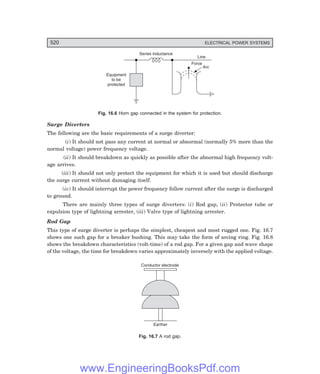 D-8N-SYSTEM1SYS16-1.PM6.5
520 ELECTRICAL POWER SYSTEMS
Line
Force
Arc
Series inductance
Equipment
to be
protected
Fig. 16.6 Horn gap connected in the system for protection.
Surge Diverters
The following are the basic requirements of a surge diverter:
(i) It should not pass any current at normal or abnormal (normally 5% more than the
normal voltage) power frequency voltage.
(ii) It should breakdown as quickly as possible after the abnormal high frequency volt-
age arrives.
(iii) It should not only protect the equipment for which it is used but should discharge
the surge current without damaging itself.
(iv) It should interrupt the power frequency follow current after the surge is discharged
to ground.
There are mainly three types of surge diverters: (i) Rod gap, (ii) Protector tube or
expulsion type of lightning arrester, (iii) Valve type of lightning arrester.
Rod Gap
This type of surge diverter is perhaps the simplest, cheapest and most rugged one. Fig. 16.7
shows one such gap for a breaker bushing. This may take the form of arcing ring. Fig. 16.8
shows the breakdown characteristics (volt-time) of a rod gap. For a given gap and wave shape
of the voltage, the time for breakdown varies approximately inversely with the applied voltage.
Conductor electrode
Earther
Fig. 16.7 A rod gap.
www.EngineeringBooksPdf.com
 