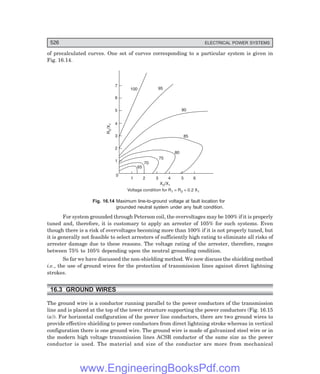 D-8N-SYSTEM1SYS16-1.PM6.5
526 ELECTRICAL POWER SYSTEMS
of precalculated curves. One set of curves corresponding to a particular system is given in
Fig. 16.14.
7
6
5
4
3
2
1
100 95
90
85
80
75
70
65
R
/X
0
1
0
1 2 3 4 5 6
X /X
0 1
Voltage condition for R = R = 0.2 X
1 2 1
Fig. 16.14 Maximum line-to-ground voltage at fault location for
grounded neutral system under any fault condition.
For system grounded through Peterson coil, the overvoltages may be 100% if it is properly
tuned and, therefore, it is customary to apply an arrester of 105% for such systems. Even
though there is a risk of overvoltages becoming more than 100% if it is not properly tuned, but
it is generally not feasible to select arresters of sufficiently high rating to eliminate all risks of
arrester damage due to these reasons. The voltage rating of the arrester, therefore, ranges
between 75% to 105% depending upon the neutral grounding condition.
So far we have discussed the non-shielding method. We now discuss the shielding method
i.e., the use of ground wires for the protection of transmission lines against direct lightning
strokes.
16.3 GROUND WIRES
The ground wire is a conductor running parallel to the power conductors of the transmission
line and is placed at the top of the tower structure supporting the power conductors (Fig. 16.15
(a)). For horizontal configuration of the power line conductors, there are two ground wires to
provide effective shielding to power conductors from direct lightning stroke whereas in vertical
configuration there is one ground wire. The ground wire is made of galvanized steel wire or in
the modern high voltage transmission lines ACSR conductor of the same size as the power
conductor is used. The material and size of the conductor are more from mechanical
www.EngineeringBooksPdf.com
 