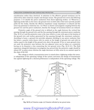 D-8N-SYSTEM1SYS16-1.PM6.5
INSULATION COORDINATION AND OVERVOLTAGE PROTECTION 527
consideration rather than electrical. A reduction in the effective ground resistance can be
achieved by other relatively simpler and cheaper means. The ground wire serves the following
purposes: (i) It shields the power conductors from direct lightning strokes. (ii) Whenever a
lightning stroke falls on the tower, the ground wires on both sides of the tower provide parallel
paths for the stroke, thereby the effective impedance (surge impedance) is reduced and the
tower top potential is relatively less. (iii) There is electric and magnetic coupling between the
ground wire and the power conductors, thereby the changes of insulation failure are reduced.
Protective angle of the ground wire is defined as the angle between the vertical line
passing through the ground wire and the line passing through the outermost power conductor
(Fig. 16.15 (a)) and the protective zone is the zone which is a cone with apex at the location of
the ground wire and surface generated by line passing through the outermost conductor.
According to Lacey, a ground wire provides adequate shielding to any power conductor that
lies below a quarter circle drawn with its centre at the height of ground wire and with its
radius equal to the height of the ground wire above the ground. If two or more ground wires
are used, the protective zone between the two adjacent wires can be taken as a semicircle
having as its diameter a line connecting the two ground wires (Fig. 16.15 (b)). The field
experience alongwith laboratory investigation has proved that the protective angle should be
almost 30° on plain areas whereas the angle decreases on hilly areas by an amount equal to
the slope of the hill.
The voltage to which a transmission tower is raised when a lightning strikes the tower,
is independent of the operating voltage of the system and hence the design of transmission
line against lightning for a desired performance is independent of the operating voltage. The
Ground
wire
Power
conductor
(a)
a
Ground
wire
(b)
Fig. 16.15 (=) Protective angle; () Protection afforded by two ground wires.
www.EngineeringBooksPdf.com
 