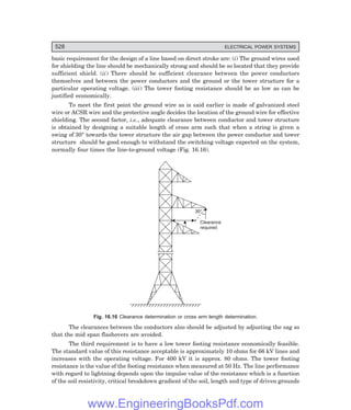 D-8N-SYSTEM1SYS16-1.PM6.5
528 ELECTRICAL POWER SYSTEMS
basic requirement for the design of a line based on direct stroke are: (i) The ground wires used
for shielding the line should be mechanically strong and should be so located that they provide
sufficient shield. (ii) There should be sufficient clearance between the power conductors
themselves and between the power conductors and the ground or the tower structure for a
particular operating voltage. (iii) The tower footing resistance should be as low as can be
justified economically.
To meet the first point the ground wire as is said earlier is made of galvanized steel
wire or ACSR wire and the protective angle decides the location of the ground wire for effective
shielding. The second factor, i.e., adequate clearance between conductor and tower structure
is obtained by designing a suitable length of cross arm such that when a string is given a
swing of 30° towards the tower structure the air gap between the power conductor and tower
structure should be good enough to withstand the switching voltage expected on the system,
normally four times the line-to-ground voltage (Fig. 16.16).
30°
Clearance
required
Fig. 16.16 Clearance determination or cross arm length determination.
The clearances between the conductors also should be adjusted by adjusting the sag so
that the mid span flashovers are avoided.
The third requirement is to have a low tower footing resistance economically feasible.
The standard value of this resistance acceptable is approximately 10 ohms for 66 kV lines and
increases with the operating voltage. For 400 kV it is approx. 80 ohms. The tower footing
resistance is the value of the footing resistance when measured at 50 Hz. The line performance
with regard to lightning depends upon the impulse value of the resistance which is a function
of the soil resistivity, critical breakdown gradient of the soil, length and type of driven grounds
www.EngineeringBooksPdf.com
 