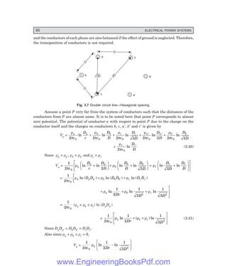 50 ELECTRICAL POWER SYSTEMS
and the conductors of each phase are also balanced if the effect of ground is neglected. Therefore,
the transposition of conductors is not required.
D
D
c'
a
D
D
D
D
b b'
a'
c
3D
3D 2D
2D
Fig. 3.7 Double circuit line—Hexagonal spacing.
Assume a point P very far from the system of conductors such that the distances of the
conductors from P are almost same. It is to be noted here that point P corresponds to almost
zero potential. The potential of conductor a with respect to point P due to the charge on the
conductor itself and the charges on conductors b, c, a′, b′ and c′ is given by
Va =
ρ
πε
ρ
πε
ρ
πε
ρ
πε
ρ
πε
a a b b c c a a b b
D
r
D
D
D
D
D
D
D
D
2 2 2 3 2 2 2 3
0 0 0 0 0
ln ln ln ln ln
+ + + +
′ ′ ′ ′
+
ρ
πε
c c
D
D
′ ′
2 0
ln (3.30)
Since ρa = ρa′, ρb = ρb′ and ρc = ρc′
Va =
1
2 2 3
0
πε
ρ ρ
a
a a
b
b b
D
r
D
D
D
D
D
D
ln ln ln ln
+
F
H
G I
K
J + +
F
H
G I
K
J
L
NM ′ ′
+ ρc
c c
D
D
D
D
ln ln
3
+
F
H
G I
K
J
O
QP
′
=
1
2 0
πε
ρ ρ ρ
a a a b b b c c c
D D D D D D
ln ( ) ln ( ) ln ( )
′ ′ ′
+ +
L
NM
+ + +
O
Q
PP
ρ ρ ρ
a b c
Dr D D
ln ln ln
1
2
1
3
1
3
2 2
=
1
2 0
πε
(ρa + ρb + ρc) ln (DaDa′)
+
1
2
1
2
1
3
0
2
πε
ρ ρ ρ
a b c
Dr D
ln ( ) ln
+ +
L
N
MM
O
Q
PP (3.31)
Since DaDa′ = DbDb′ = DcDc′.
Also since ρa + ρb + ρc = 0,
Va =
1
2
1
2
1
3
0
2
πε
ρa
Dr D
ln ln
−
F
H
G
I
K
J
www.EngineeringBooksPdf.com
 
