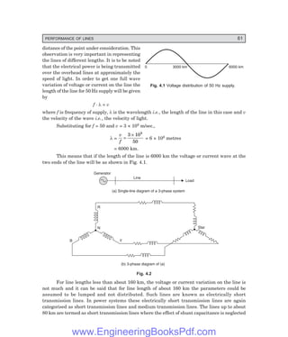 PERFORMANCE OF LINES 61
0 3000 km 6000 km
distance of the point under consideration. This
observation is very important in representing
the lines of different lengths. It is to be noted
that the electrical power is being transmitted
over the overhead lines at approximately the
speed of light. In order to get one full wave
variation of voltage or current on the line the
length of the line for 50 Hz supply will be given
by
f . λ = v
where f is frequency of supply, λ is the wavelength i.e., the length of the line in this case and v
the velocity of the wave i.e., the velocity of light.
Substituting for f = 50 and v = 3 × 108 m/sec.,
λ =
v
f
=
×
3 10
50
8
= 6 × 106 metres
= 6000 km.
This means that if the length of the line is 6000 km the voltage or current wave at the
two ends of the line will be as shown in Fig. 4.1.
Generator
Line
Load
(a) Single-line diagram of a 3-phase system
(b) 3-phase diagram of (a)
R
N
Y
B
Star
Fig. 4.2
For line lengths less than about 160 km, the voltage or current variation on the line is
not much and it can be said that for line length of about 160 km the parameters could be
assumed to be lumped and not distributed. Such lines are known as electrically short
transmission lines. In power systems these electrically short transmission lines are again
categorised as short transmission lines and medium transmission lines. The lines up to about
80 km are termed as short transmission lines where the effect of shunt capacitance is neglected
Fig. 4.1 Voltage distribution of 50 Hz supply.
www.EngineeringBooksPdf.com
 