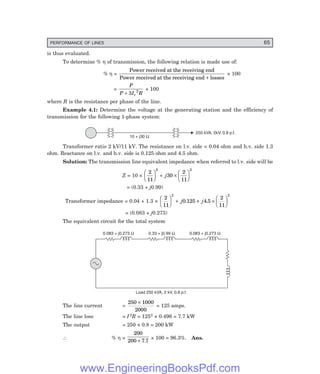PERFORMANCE OF LINES 65
is thus evaluated.
To determine % η of transmission, the following relation is made use of:
% η =
Power received at the receiving end
Power received at the receiving end losses
+
× 100
=
P
P I R
r
+ 3 2 × 100
where R is the resistance per phase of the line.
Example 4.1: Determine the voltage at the generating station and the efficiency of
transmission for the following 1-phase system:
10 + j30 W
250 kVA, 2kV, 0.8 p.f.
Transformer ratio 2 kV/11 kV. The resistance on l.v. side = 0.04 ohm and h.v. side 1.3
ohm. Reactance on l.v. and h.v. side is 0.125 ohm and 4.5 ohm.
Solution: The transmission line equivalent impedance when referred to l.v. side will be
Z = 10 ×
2
11
30
2
11
2 2
F
HG I
KJ + ×
F
HG I
KJ
j
= (0.33 + j0.99)
Transformer impedance = 0.04 + 1.3 ×
2
11
0 125 4 5
2
11
2 2
F
HG I
KJ + + ×
F
HG I
KJ
j j
. .
= (0.083 + j0.273)
The equivalent circuit for the total system
0.083 + j0.273 W 0.33 + j0.99 W 0.083 + j0.273 W
Load 250 kVA, 2 kV, 0.8 p.f.
The line current =
250 1000
2000
×
= 125 amps.
The line loss = I2R = 1252 × 0.496 = 7.7 kW
The output = 250 × 0.8 = 200 kW
∴ % η =
200
200 7 7
+ .
× 100 = 96.3%. Ans.
www.EngineeringBooksPdf.com
 