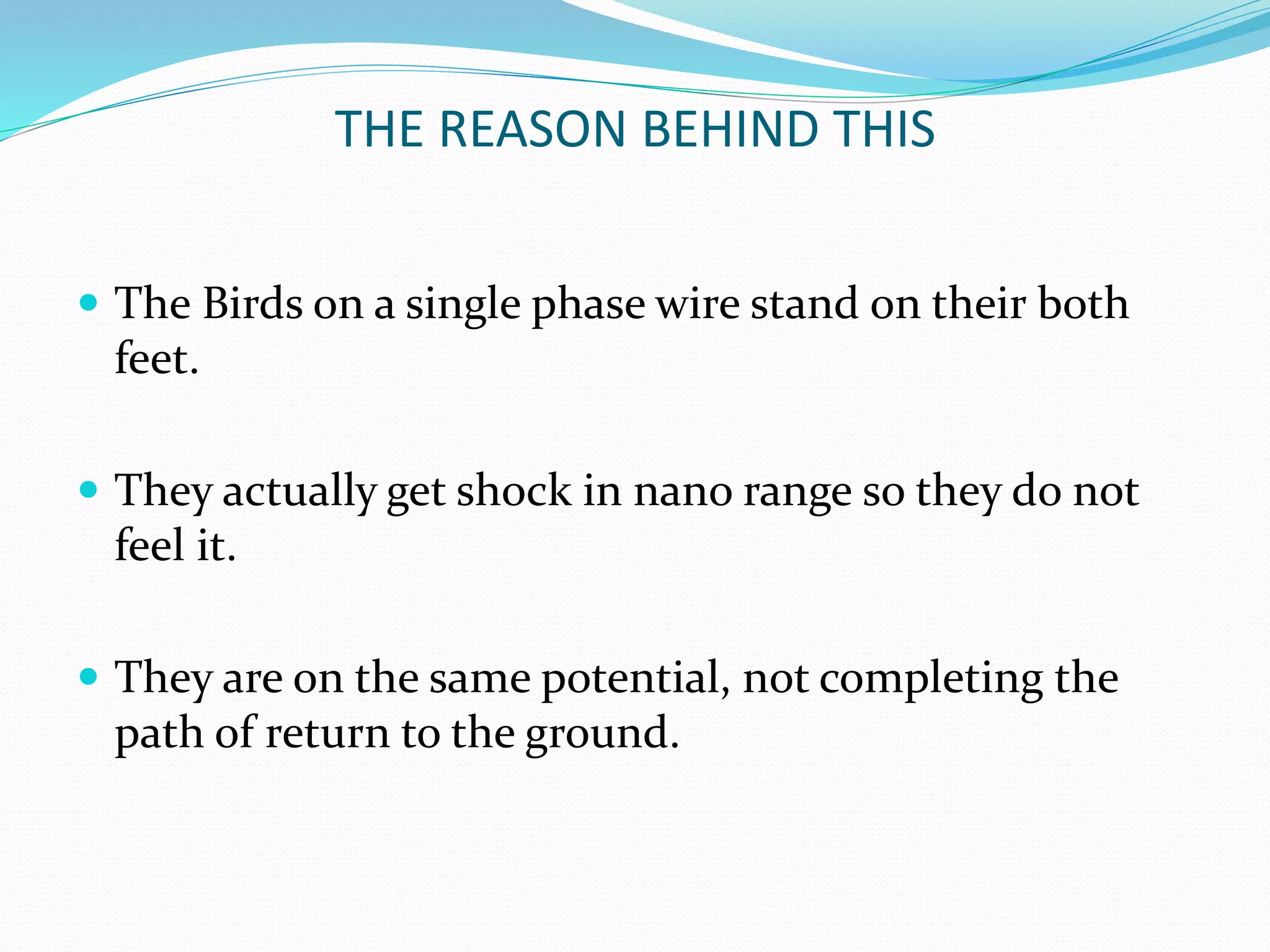 THE REASON BEHIND THIS
 The Birds on a single phase wire stand on their both
feet.
 They actually get shock in nano range so they do not
feel it.
 They are on the same potential, not completing the
path of return to the ground.
 
