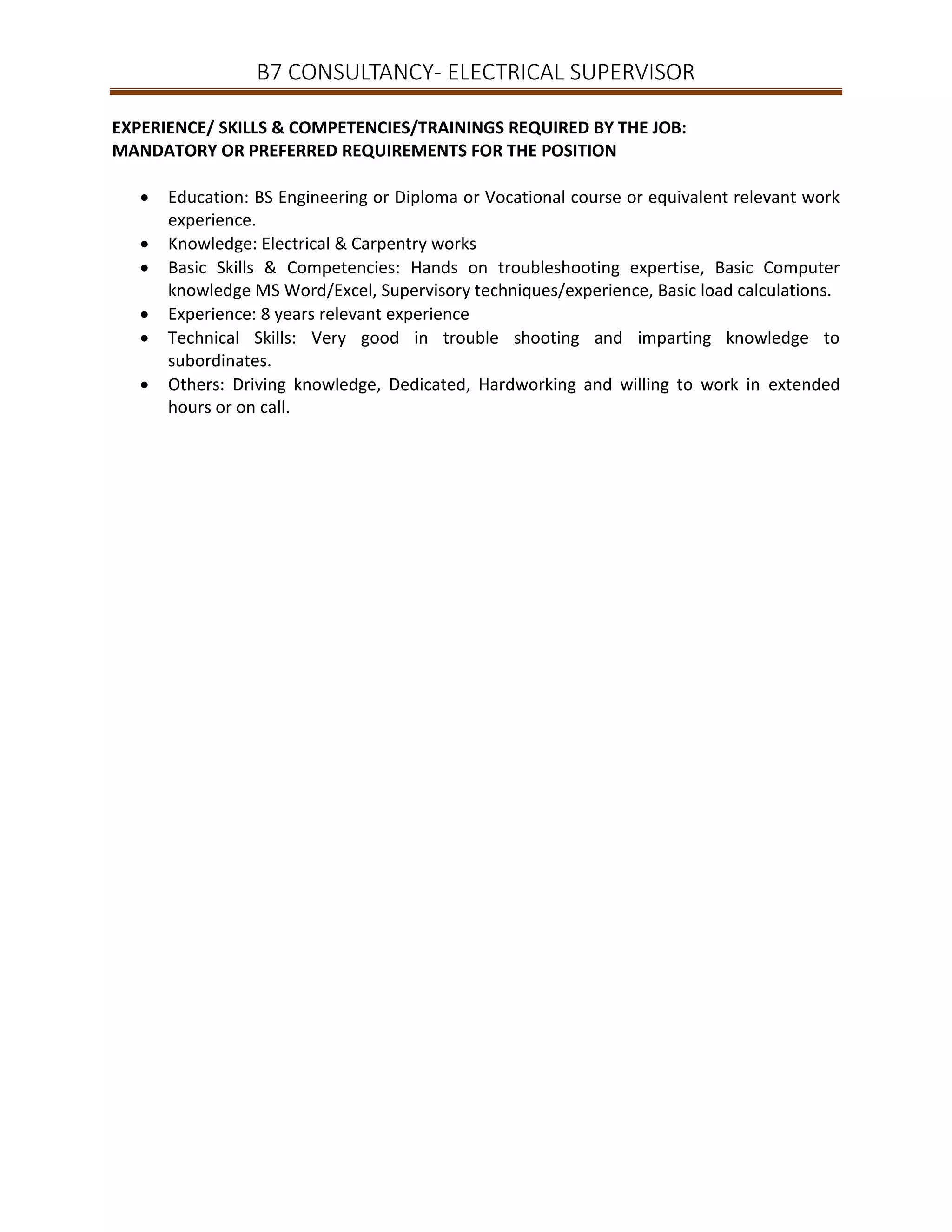Electrical supervisor Job Description PDF