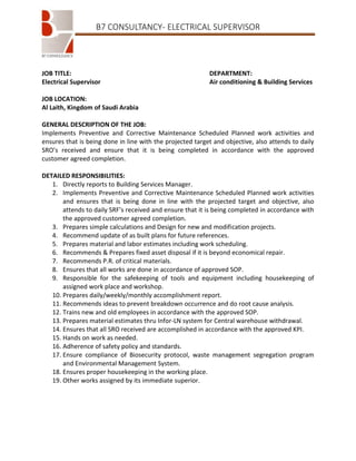 B7 CONSULTANCY- ELECTRICAL SUPERVISOR

JOB TITLE:
Electrical Supervisor

DEPARTMENT:
Air conditioning & Building Services

JOB LOCATION:
Al Laith, Kingdom of Saudi Arabia
GENERAL DESCRIPTION OF THE JOB:
Implements Preventive and Corrective Maintenance Scheduled Planned work activities and
ensures that is being done in line with the projected target and objective, also attends to daily
SRO’s received and ensure that it is being completed in accordance with the approved
customer agreed completion.
DETAILED RESPONSIBILITIES:
1. Directly reports to Building Services Manager.
2. Implements Preventive and Corrective Maintenance Scheduled Planned work activities
and ensures that is being done in line with the projected target and objective, also
attends to daily SRF’s received and ensure that it is being completed in accordance with
the approved customer agreed completion.
3. Prepares simple calculations and Design for new and modification projects.
4. Recommend update of as built plans for future references.
5. Prepares material and labor estimates including work scheduling.
6. Recommends & Prepares fixed asset disposal if it is beyond economical repair.
7. Recommends P.R. of critical materials.
8. Ensures that all works are done in accordance of approved SOP.
9. Responsible for the safekeeping of tools and equipment including housekeeping of
assigned work place and workshop.
10. Prepares daily/weekly/monthly accomplishment report.
11. Recommends ideas to prevent breakdown occurrence and do root cause analysis.
12. Trains new and old employees in accordance with the approved SOP.
13. Prepares material estimates thru Infor-LN system for Central warehouse withdrawal.
14. Ensures that all SRO received are accomplished in accordance with the approved KPI.
15. Hands on work as needed.
16. Adherence of safety policy and standards.
17. Ensure compliance of Biosecurity protocol, waste management segregation program
and Environmental Management System.
18. Ensures proper housekeeping in the working place.
19. Other works assigned by its immediate superior.

 