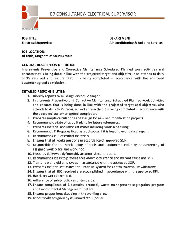 Electrical supervisor Job Description PDF