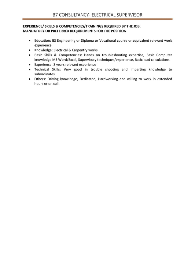 Electrical supervisor Job Description PDF