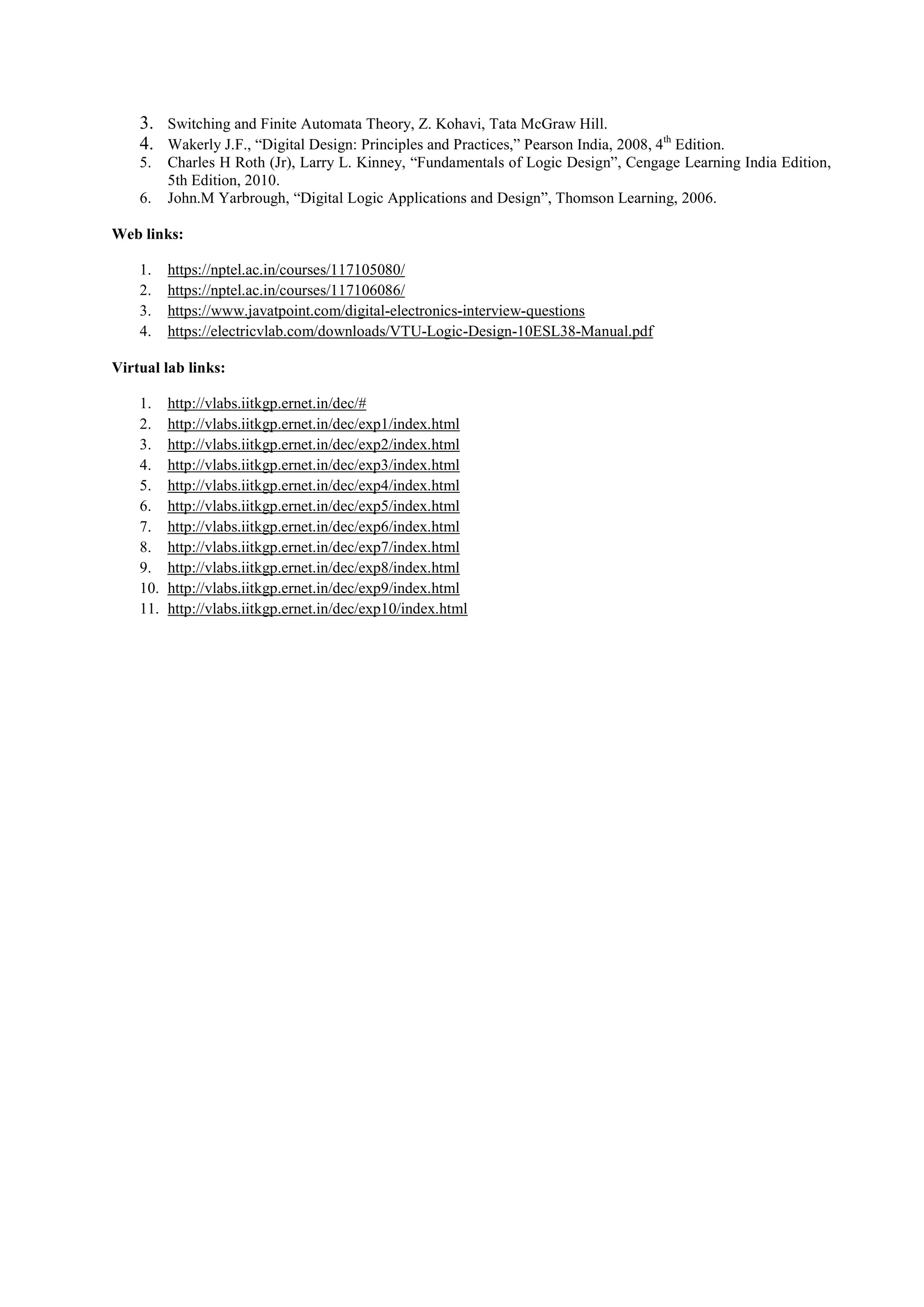 3. Switching and Finite Automata Theory, Z. Kohavi, Tata McGraw Hill.
4. Wakerly J.F., “Digital Design: Principles and Practices,” Pearson India, 2008, 4th
Edition.
5. Charles H Roth (Jr), Larry L. Kinney, “Fundamentals of Logic Design”, Cengage Learning India Edition,
5th Edition, 2010.
6. John.M Yarbrough, “Digital Logic Applications and Design”, Thomson Learning, 2006.
Web links:
1. https://nptel.ac.in/courses/117105080/
2. https://nptel.ac.in/courses/117106086/
3. https://www.javatpoint.com/digital-electronics-interview-questions
4. https://electricvlab.com/downloads/VTU-Logic-Design-10ESL38-Manual.pdf
Virtual lab links:
1. http://vlabs.iitkgp.ernet.in/dec/#
2. http://vlabs.iitkgp.ernet.in/dec/exp1/index.html
3. http://vlabs.iitkgp.ernet.in/dec/exp2/index.html
4. http://vlabs.iitkgp.ernet.in/dec/exp3/index.html
5. http://vlabs.iitkgp.ernet.in/dec/exp4/index.html
6. http://vlabs.iitkgp.ernet.in/dec/exp5/index.html
7. http://vlabs.iitkgp.ernet.in/dec/exp6/index.html
8. http://vlabs.iitkgp.ernet.in/dec/exp7/index.html
9. http://vlabs.iitkgp.ernet.in/dec/exp8/index.html
10. http://vlabs.iitkgp.ernet.in/dec/exp9/index.html
11. http://vlabs.iitkgp.ernet.in/dec/exp10/index.html
 