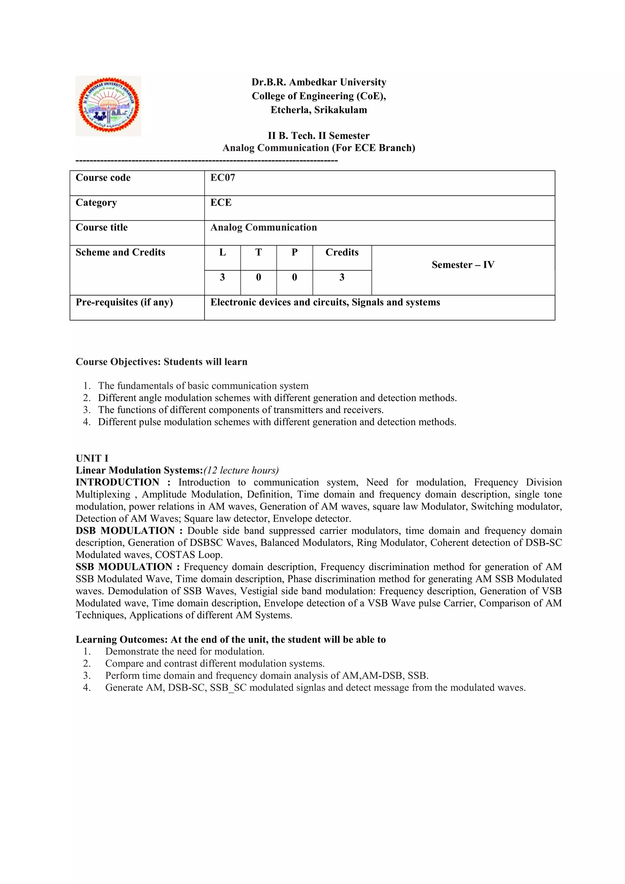 Dr.B.R. Ambedkar University
College of Engineering (CoE),
Etcherla, Srikakulam
II B. Tech. II Semester
Analog Communication (For ECE Branch)
---------------------------------------------------------------------------
Course Objectives: Students will learn
1. The fundamentals of basic communication system
2. Different angle modulation schemes with different generation and detection methods.
3. The functions of different components of transmitters and receivers.
4. Different pulse modulation schemes with different generation and detection methods.
UNIT I
Linear Modulation Systems:(12 lecture hours)
INTRODUCTION : Introduction to communication system, Need for modulation, Frequency Division
Multiplexing , Amplitude Modulation, Definition, Time domain and frequency domain description, single tone
modulation, power relations in AM waves, Generation of AM waves, square law Modulator, Switching modulator,
Detection of AM Waves; Square law detector, Envelope detector.
DSB MODULATION : Double side band suppressed carrier modulators, time domain and frequency domain
description, Generation of DSBSC Waves, Balanced Modulators, Ring Modulator, Coherent detection of DSB-SC
Modulated waves, COSTAS Loop.
SSB MODULATION : Frequency domain description, Frequency discrimination method for generation of AM
SSB Modulated Wave, Time domain description, Phase discrimination method for generating AM SSB Modulated
waves. Demodulation of SSB Waves, Vestigial side band modulation: Frequency description, Generation of VSB
Modulated wave, Time domain description, Envelope detection of a VSB Wave pulse Carrier, Comparison of AM
Techniques, Applications of different AM Systems.
Learning Outcomes: At the end of the unit, the student will be able to
1. Demonstrate the need for modulation.
2. Compare and contrast different modulation systems.
3. Perform time domain and frequency domain analysis of AM,AM-DSB, SSB.
4. Generate AM, DSB-SC, SSB_SC modulated signlas and detect message from the modulated waves.
Course code EC07
Category ECE
Course title Analog Communication
Scheme and Credits L T P Credits
Semester – IV
3 0 0 3
Pre-requisites (if any) Electronic devices and circuits, Signals and systems
 