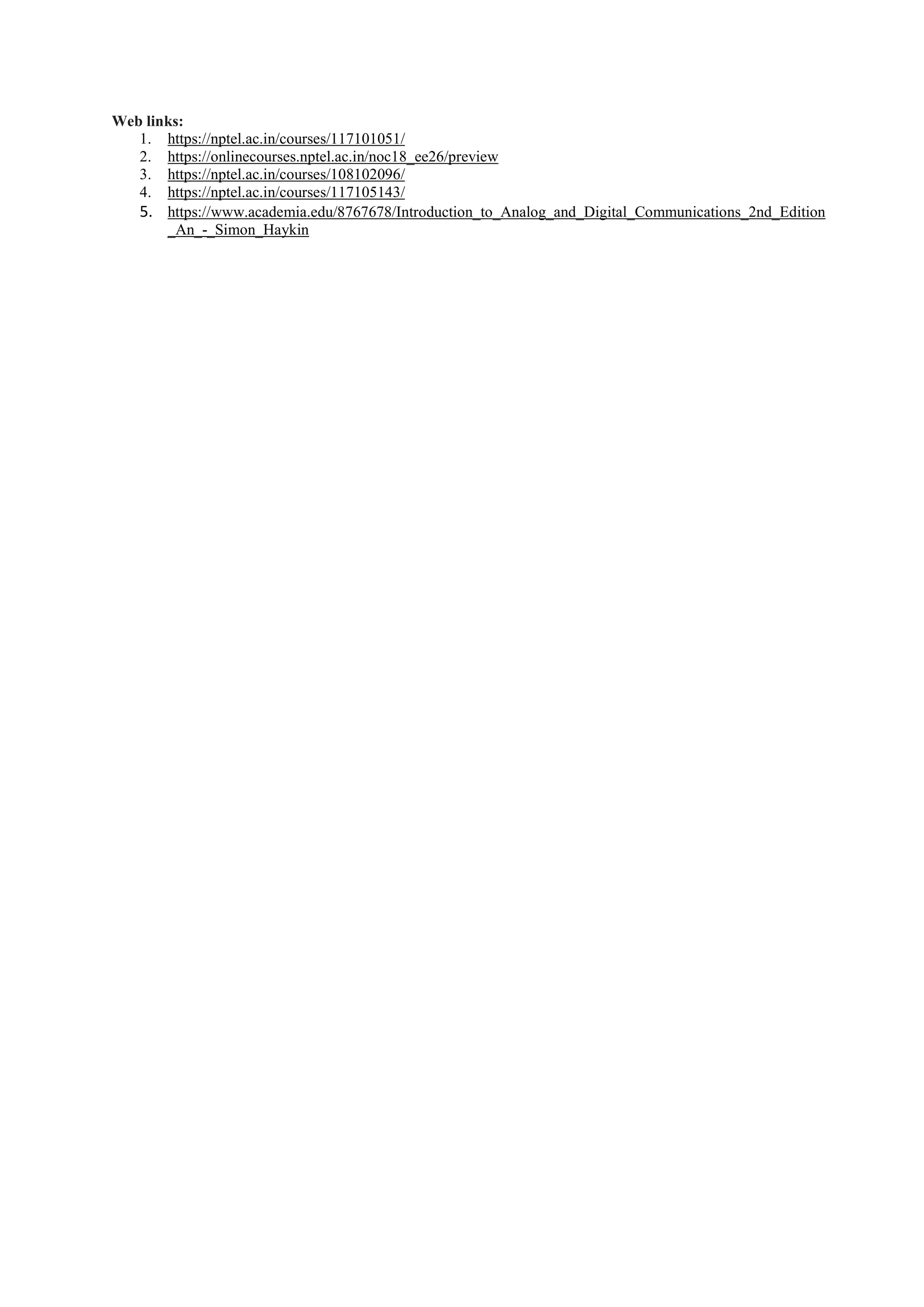 Web links:
1. https://nptel.ac.in/courses/117101051/
2. https://onlinecourses.nptel.ac.in/noc18_ee26/preview
3. https://nptel.ac.in/courses/108102096/
4. https://nptel.ac.in/courses/117105143/
5. https://www.academia.edu/8767678/Introduction_to_Analog_and_Digital_Communications_2nd_Edition
_An_-_Simon_Haykin
 