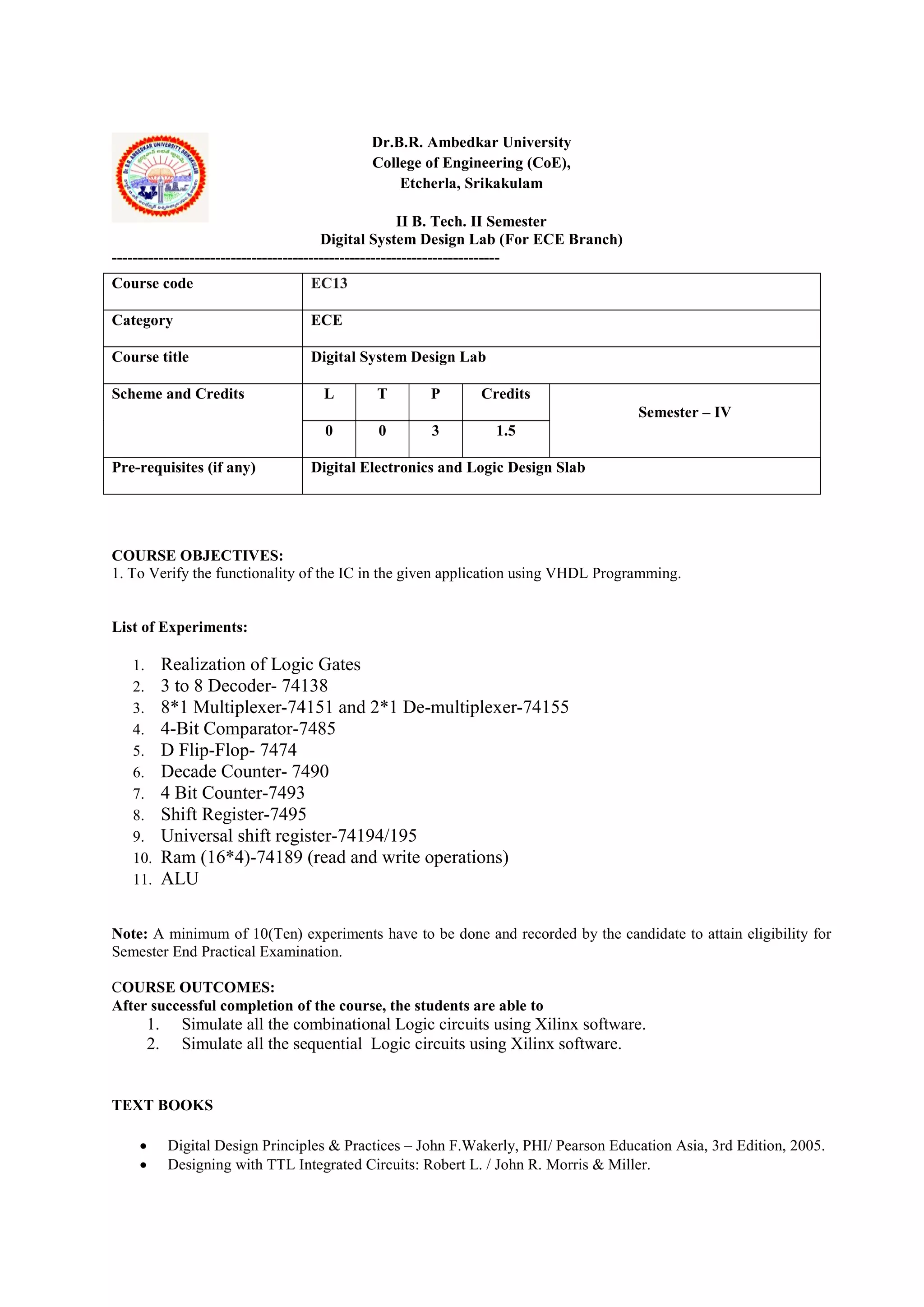 Dr.B.R. Ambedkar University
College of Engineering (CoE),
Etcherla, Srikakulam
II B. Tech. II Semester
Digital System Design Lab (For ECE Branch)
---------------------------------------------------------------------------
COURSE OBJECTIVES:
1. To Verify the functionality of the IC in the given application using VHDL Programming.
List of Experiments:
1. Realization of Logic Gates
2. 3 to 8 Decoder- 74138
3. 8*1 Multiplexer-74151 and 2*1 De-multiplexer-74155
4. 4-Bit Comparator-7485
5. D Flip-Flop- 7474
6. Decade Counter- 7490
7. 4 Bit Counter-7493
8. Shift Register-7495
9. Universal shift register-74194/195
10. Ram (16*4)-74189 (read and write operations)
11. ALU
Note: A minimum of 10(Ten) experiments have to be done and recorded by the candidate to attain eligibility for
Semester End Practical Examination.
COURSE OUTCOMES:
After successful completion of the course, the students are able to
1. Simulate all the combinational Logic circuits using Xilinx software.
2. Simulate all the sequential Logic circuits using Xilinx software.
TEXT BOOKS
 Digital Design Principles & Practices – John F.Wakerly, PHI/ Pearson Education Asia, 3rd Edition, 2005.
 Designing with TTL Integrated Circuits: Robert L. / John R. Morris & Miller.
Course code EC13
Category ECE
Course title Digital System Design Lab
Scheme and Credits L T P Credits
Semester – IV
0 0 3 1.5
Pre-requisites (if any) Digital Electronics and Logic Design Slab
 