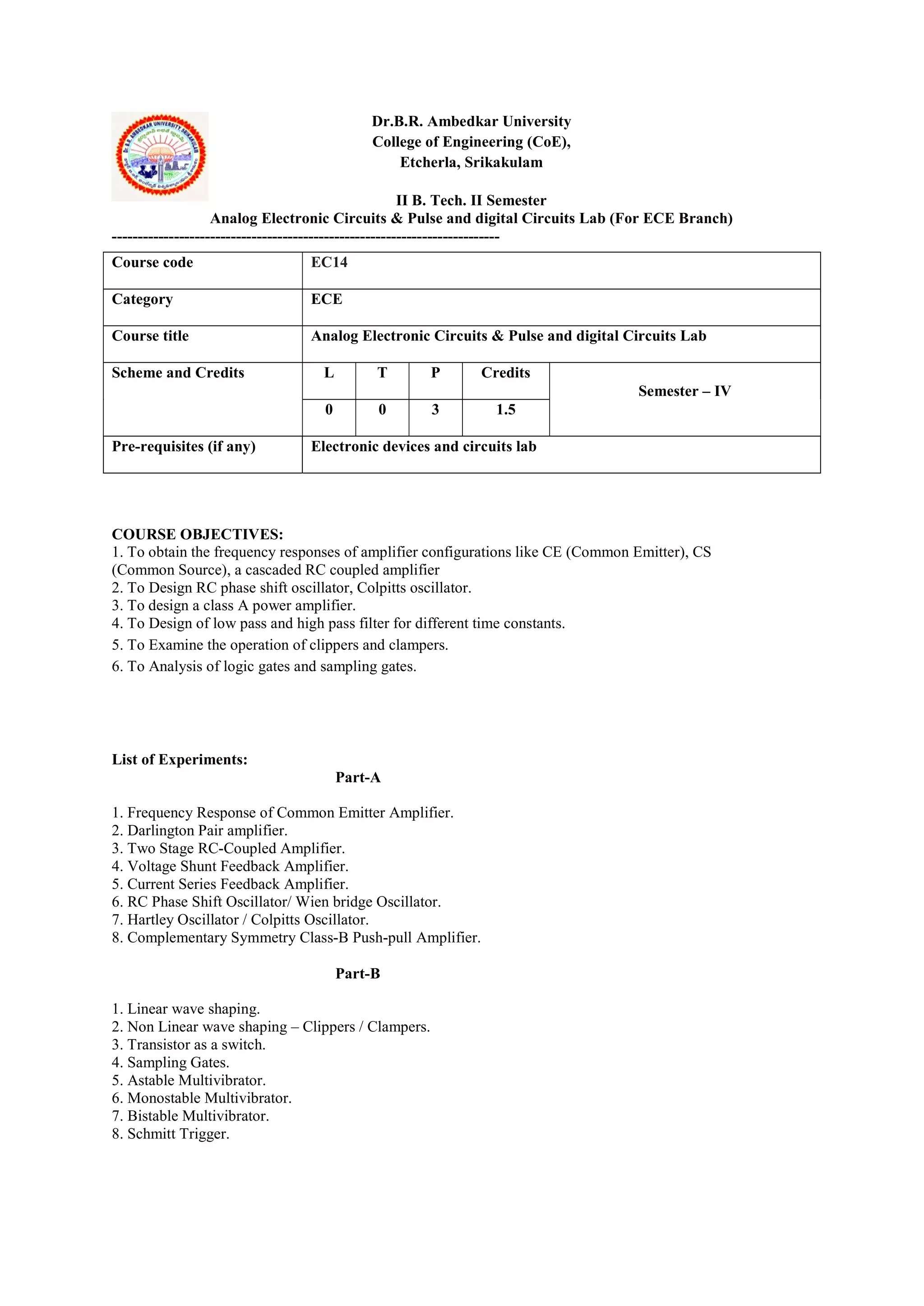 Dr.B.R. Ambedkar University
College of Engineering (CoE),
Etcherla, Srikakulam
II B. Tech. II Semester
Analog Electronic Circuits & Pulse and digital Circuits Lab (For ECE Branch)
---------------------------------------------------------------------------
COURSE OBJECTIVES:
1. To obtain the frequency responses of amplifier configurations like CE (Common Emitter), CS
(Common Source), a cascaded RC coupled amplifier
2. To Design RC phase shift oscillator, Colpitts oscillator.
3. To design a class A power amplifier.
4. To Design of low pass and high pass filter for different time constants.
5. To Examine the operation of clippers and clampers.
6. To Analysis of logic gates and sampling gates.
List of Experiments:
Part-A
1. Frequency Response of Common Emitter Amplifier.
2. Darlington Pair amplifier.
3. Two Stage RC-Coupled Amplifier.
4. Voltage Shunt Feedback Amplifier.
5. Current Series Feedback Amplifier.
6. RC Phase Shift Oscillator/ Wien bridge Oscillator.
7. Hartley Oscillator / Colpitts Oscillator.
8. Complementary Symmetry Class-B Push-pull Amplifier.
Part-B
1. Linear wave shaping.
2. Non Linear wave shaping – Clippers / Clampers.
3. Transistor as a switch.
4. Sampling Gates.
5. Astable Multivibrator.
6. Monostable Multivibrator.
7. Bistable Multivibrator.
8. Schmitt Trigger.
Course code EC14
Category ECE
Course title Analog Electronic Circuits & Pulse and digital Circuits Lab
Scheme and Credits L T P Credits
Semester – IV
0 0 3 1.5
Pre-requisites (if any) Electronic devices and circuits lab
 