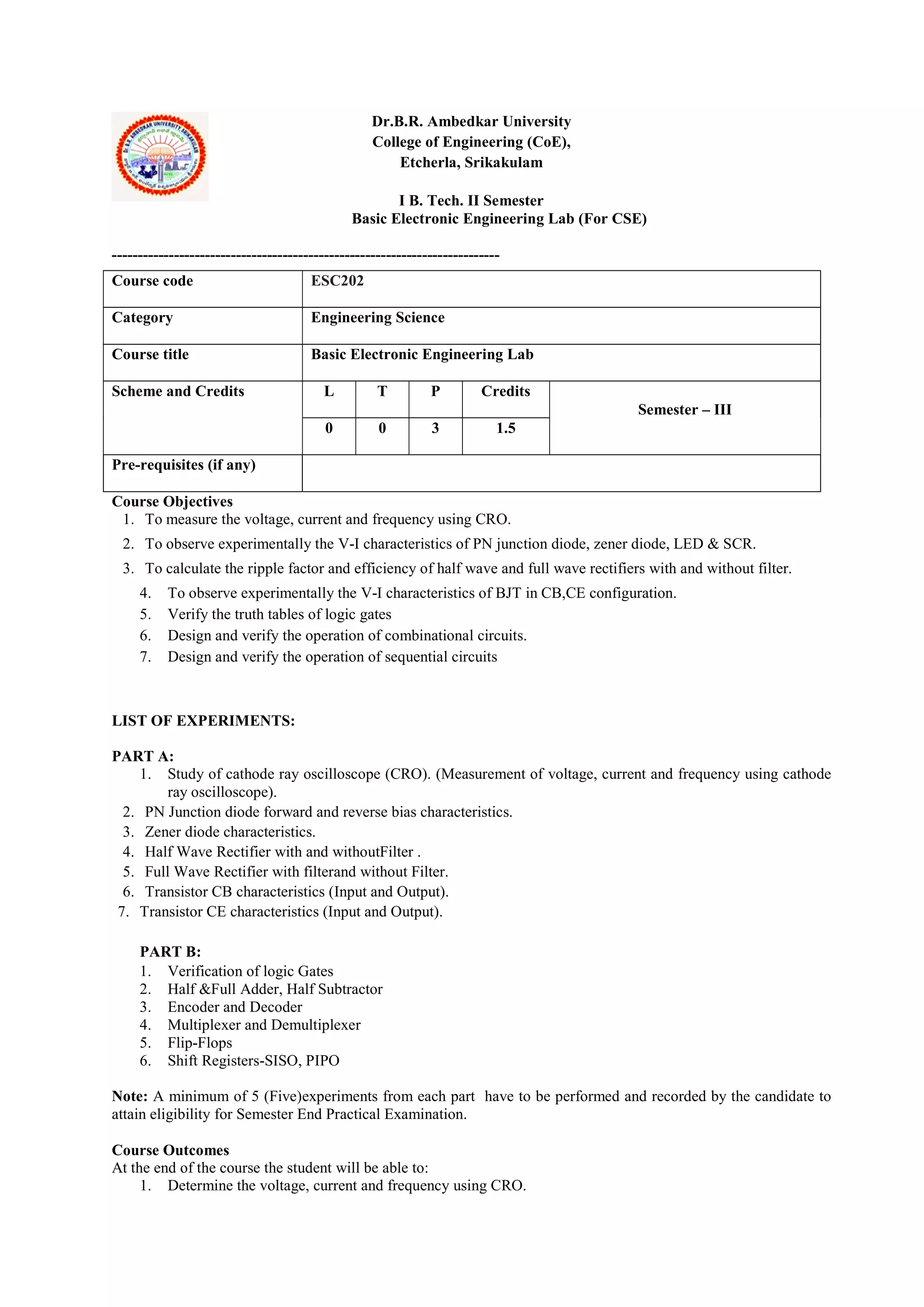 Dr.B.R. Ambedkar University
College of Engineering (CoE),
Etcherla, Srikakulam
I B. Tech. II Semester
Basic Electronic Engineering Lab (For CSE)
---------------------------------------------------------------------------
Course Objectives
1. To measure the voltage, current and frequency using CRO.
2. To observe experimentally the V-I characteristics of PN junction diode, zener diode, LED & SCR.
3. To calculate the ripple factor and efficiency of half wave and full wave rectifiers with and without filter.
4. To observe experimentally the V-I characteristics of BJT in CB,CE configuration.
5. Verify the truth tables of logic gates
6. Design and verify the operation of combinational circuits.
7. Design and verify the operation of sequential circuits
LIST OF EXPERIMENTS:
PART A:
1. Study of cathode ray oscilloscope (CRO). (Measurement of voltage, current and frequency using cathode
ray oscilloscope).
2. PN Junction diode forward and reverse bias characteristics.
3. Zener diode characteristics.
4. Half Wave Rectifier with and withoutFilter .
5. Full Wave Rectifier with filterand without Filter.
6. Transistor CB characteristics (Input and Output).
7. Transistor CE characteristics (Input and Output).
PART B:
1. Verification of logic Gates
2. Half &Full Adder, Half Subtractor
3. Encoder and Decoder
4. Multiplexer and Demultiplexer
5. Flip-Flops
6. Shift Registers-SISO, PIPO
Note: A minimum of 5 (Five)experiments from each part have to be performed and recorded by the candidate to
attain eligibility for Semester End Practical Examination.
Course Outcomes
At the end of the course the student will be able to:
1. Determine the voltage, current and frequency using CRO.
Course code ESC202
Category Engineering Science
Course title Basic Electronic Engineering Lab
Scheme and Credits L T P Credits
Semester – III
0 0 3 1.5
Pre-requisites (if any)
 