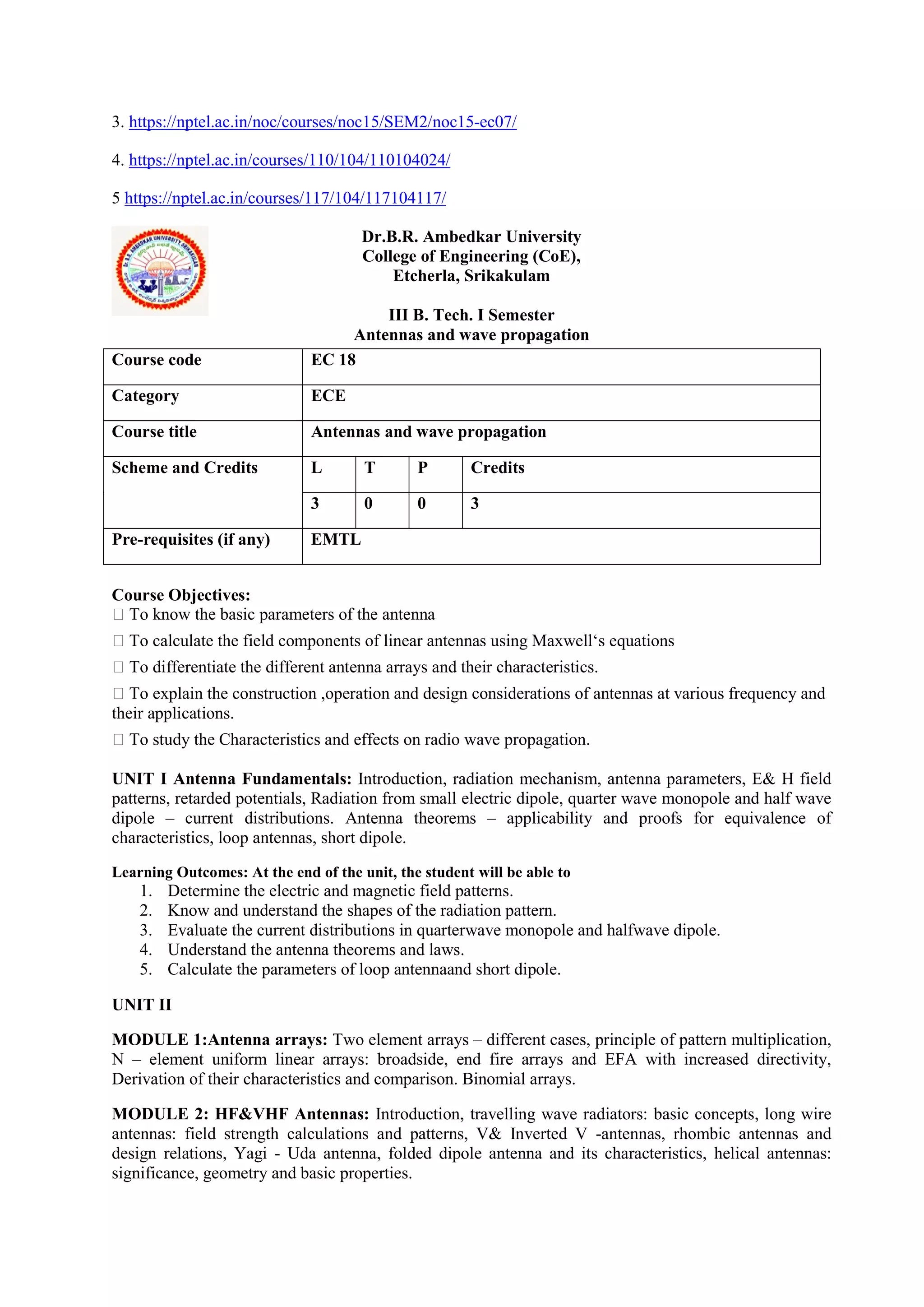 3. https://nptel.ac.in/noc/courses/noc15/SEM2/noc15-ec07/
4. https://nptel.ac.in/courses/110/104/110104024/
5 https://nptel.ac.in/courses/117/104/117104117/
Dr.B.R. Ambedkar University
College of Engineering (CoE),
Etcherla, Srikakulam
III B. Tech. I Semester
Antennas and wave propagation
Course Objectives:
 To know the basic parameters of the antenna
 To calculate the field components of linear antennas using Maxwell‘s equations
 To differentiate the different antenna arrays and their characteristics.
 To explain the construction ,operation and design considerations of antennas at various frequency and
their applications.
 To study the Characteristics and effects on radio wave propagation.
UNIT I Antenna Fundamentals: Introduction, radiation mechanism, antenna parameters, E& H field
patterns, retarded potentials, Radiation from small electric dipole, quarter wave monopole and half wave
dipole – current distributions. Antenna theorems – applicability and proofs for equivalence of
characteristics, loop antennas, short dipole.
Learning Outcomes: At the end of the unit, the student will be able to
1. Determine the electric and magnetic field patterns.
2. Know and understand the shapes of the radiation pattern.
3. Evaluate the current distributions in quarterwave monopole and halfwave dipole.
4. Understand the antenna theorems and laws.
5. Calculate the parameters of loop antennaand short dipole.
UNIT II
MODULE 1:Antenna arrays: Two element arrays – different cases, principle of pattern multiplication,
N – element uniform linear arrays: broadside, end fire arrays and EFA with increased directivity,
Derivation of their characteristics and comparison. Binomial arrays.
MODULE 2: HF&VHF Antennas: Introduction, travelling wave radiators: basic concepts, long wire
antennas: field strength calculations and patterns, V& Inverted V -antennas, rhombic antennas and
design relations, Yagi - Uda antenna, folded dipole antenna and its characteristics, helical antennas:
significance, geometry and basic properties.
Course code EC 18
Category ECE
Course title Antennas and wave propagation
Scheme and Credits L T P Credits
3 0 0 3
Pre-requisites (if any) EMTL
 
