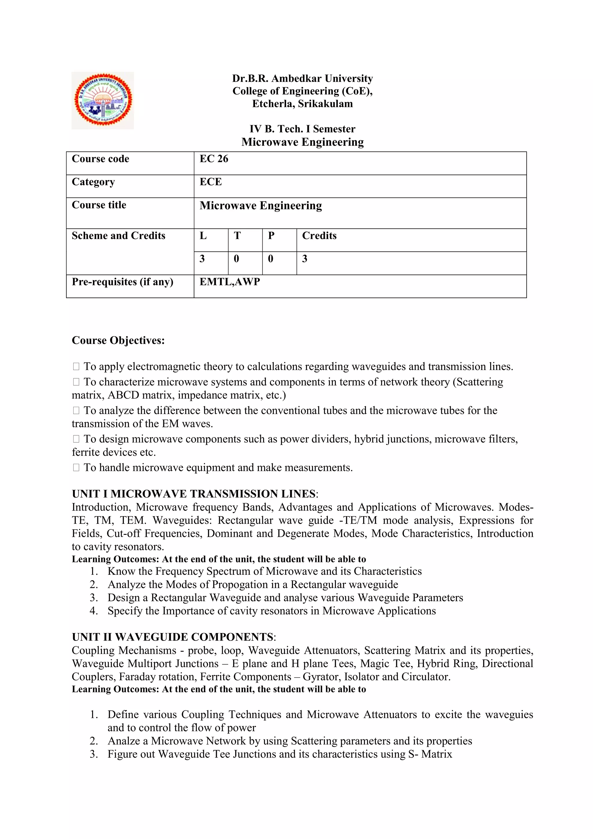 Dr.B.R. Ambedkar University
College of Engineering (CoE),
Etcherla, Srikakulam
IV B. Tech. I Semester
Microwave Engineering
Course Objectives:
 To apply electromagnetic theory to calculations regarding waveguides and transmission lines.
 To characterize microwave systems and components in terms of network theory (Scattering
matrix, ABCD matrix, impedance matrix, etc.)
 To analyze the difference between the conventional tubes and the microwave tubes for the
transmission of the EM waves.
 To design microwave components such as power dividers, hybrid junctions, microwave filters,
ferrite devices etc.
 To handle microwave equipment and make measurements.
UNIT I MICROWAVE TRANSMISSION LINES:
Introduction, Microwave frequency Bands, Advantages and Applications of Microwaves. Modes-
TE, TM, TEM. Waveguides: Rectangular wave guide -TE/TM mode analysis, Expressions for
Fields, Cut-off Frequencies, Dominant and Degenerate Modes, Mode Characteristics, Introduction
to cavity resonators.
Learning Outcomes: At the end of the unit, the student will be able to
1. Know the Frequency Spectrum of Microwave and its Characteristics
2. Analyze the Modes of Propogation in a Rectangular waveguide
3. Design a Rectangular Waveguide and analyse various Waveguide Parameters
4. Specify the Importance of cavity resonators in Microwave Applications
UNIT II WAVEGUIDE COMPONENTS:
Coupling Mechanisms - probe, loop, Waveguide Attenuators, Scattering Matrix and its properties,
Waveguide Multiport Junctions – E plane and H plane Tees, Magic Tee, Hybrid Ring, Directional
Couplers, Faraday rotation, Ferrite Components – Gyrator, Isolator and Circulator.
Learning Outcomes: At the end of the unit, the student will be able to
1. Define various Coupling Techniques and Microwave Attenuators to excite the waveguies
and to control the flow of power
2. Analze a Microwave Network by using Scattering parameters and its properties
3. Figure out Waveguide Tee Junctions and its characteristics using S- Matrix
Course code EC 26
Category ECE
Course title Microwave Engineering
Scheme and Credits L T P Credits
3 0 0 3
Pre-requisites (if any) EMTL,AWP
 