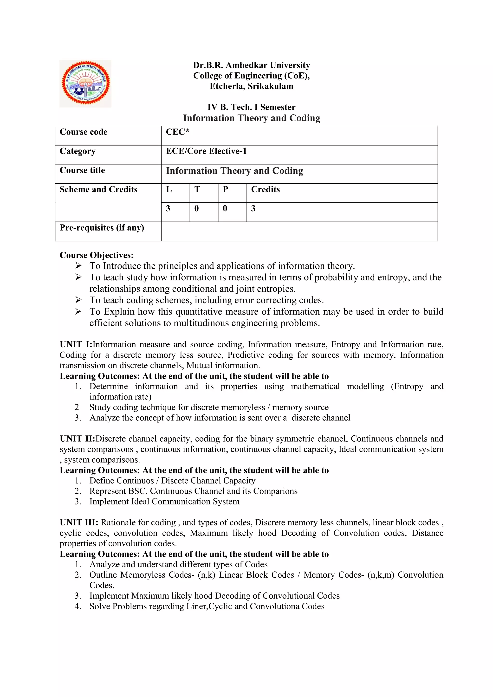 Dr.B.R. Ambedkar University
College of Engineering (CoE),
Etcherla, Srikakulam
IV B. Tech. I Semester
Information Theory and Coding
Course Objectives:
 To Introduce the principles and applications of information theory.
 To teach study how information is measured in terms of probability and entropy, and the
relationships among conditional and joint entropies.
 To teach coding schemes, including error correcting codes.
 To Explain how this quantitative measure of information may be used in order to build
efficient solutions to multitudinous engineering problems.
UNIT I:Information measure and source coding, Information measure, Entropy and Information rate,
Coding for a discrete memory less source, Predictive coding for sources with memory, Information
transmission on discrete channels, Mutual information.
Learning Outcomes: At the end of the unit, the student will be able to
1. Determine information and its properties using mathematical modelling (Entropy and
information rate)
2 Study coding technique for discrete memoryless / memory source
3. Analyze the concept of how information is sent over a discrete channel
UNIT II:Discrete channel capacity, coding for the binary symmetric channel, Continuous channels and
system comparisons , continuous information, continuous channel capacity, Ideal communication system
, system comparisons.
Learning Outcomes: At the end of the unit, the student will be able to
1. Define Continuos / Discete Channel Capacity
2. Represent BSC, Continuous Channel and its Comparions
3. Implement Ideal Communication System
UNIT III: Rationale for coding , and types of codes, Discrete memory less channels, linear block codes ,
cyclic codes, convolution codes, Maximum likely hood Decoding of Convolution codes, Distance
properties of convolution codes.
Learning Outcomes: At the end of the unit, the student will be able to
1. Analyze and understand different types of Codes
2. Outline Memoryless Codes- (n,k) Linear Block Codes / Memory Codes- (n,k,m) Convolution
Codes.
3. Implement Maximum likely hood Decoding of Convolutional Codes
4. Solve Problems regarding Liner,Cyclic and Convolutiona Codes
Course code CEC*
Category ECE/Core Elective-1
Course title Information Theory and Coding
Scheme and Credits L T P Credits
3 0 0 3
Pre-requisites (if any)
 