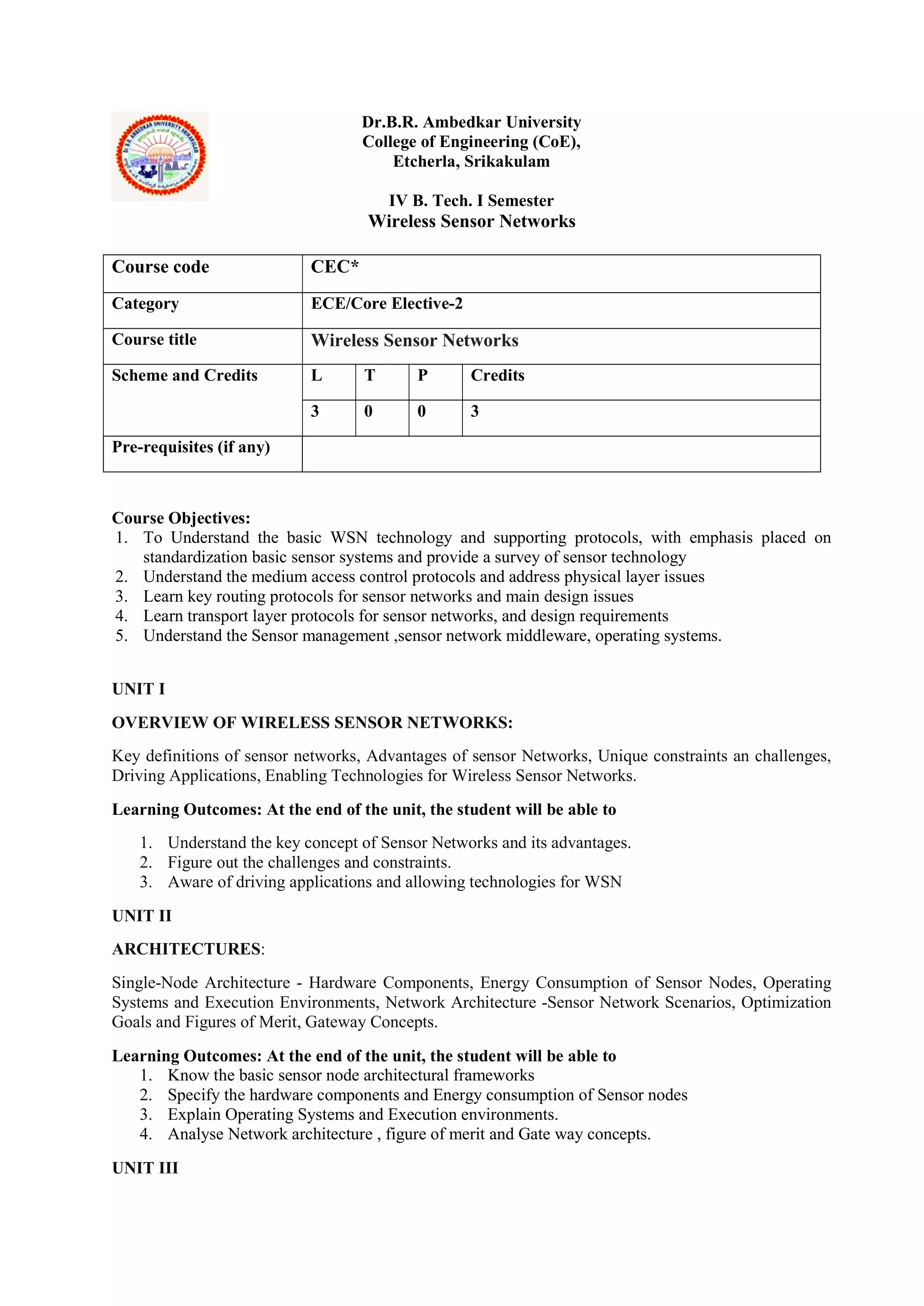 Dr.B.R. Ambedkar University
College of Engineering (CoE),
Etcherla, Srikakulam
IV B. Tech. I Semester
Wireless Sensor Networks
Course Objectives:
1. To Understand the basic WSN technology and supporting protocols, with emphasis placed on
standardization basic sensor systems and provide a survey of sensor technology
2. Understand the medium access control protocols and address physical layer issues
3. Learn key routing protocols for sensor networks and main design issues
4. Learn transport layer protocols for sensor networks, and design requirements
5. Understand the Sensor management ,sensor network middleware, operating systems.
UNIT I
OVERVIEW OF WIRELESS SENSOR NETWORKS:
Key definitions of sensor networks, Advantages of sensor Networks, Unique constraints an challenges,
Driving Applications, Enabling Technologies for Wireless Sensor Networks.
Learning Outcomes: At the end of the unit, the student will be able to
1. Understand the key concept of Sensor Networks and its advantages.
2. Figure out the challenges and constraints.
3. Aware of driving applications and allowing technologies for WSN
UNIT II
ARCHITECTURES:
Single-Node Architecture - Hardware Components, Energy Consumption of Sensor Nodes, Operating
Systems and Execution Environments, Network Architecture -Sensor Network Scenarios, Optimization
Goals and Figures of Merit, Gateway Concepts.
Learning Outcomes: At the end of the unit, the student will be able to
1. Know the basic sensor node architectural frameworks
2. Specify the hardware components and Energy consumption of Sensor nodes
3. Explain Operating Systems and Execution environments.
4. Analyse Network architecture , figure of merit and Gate way concepts.
UNIT III
Course code CEC*
Category ECE/Core Elective-2
Course title Wireless Sensor Networks
Scheme and Credits L T P Credits
3 0 0 3
Pre-requisites (if any)
 