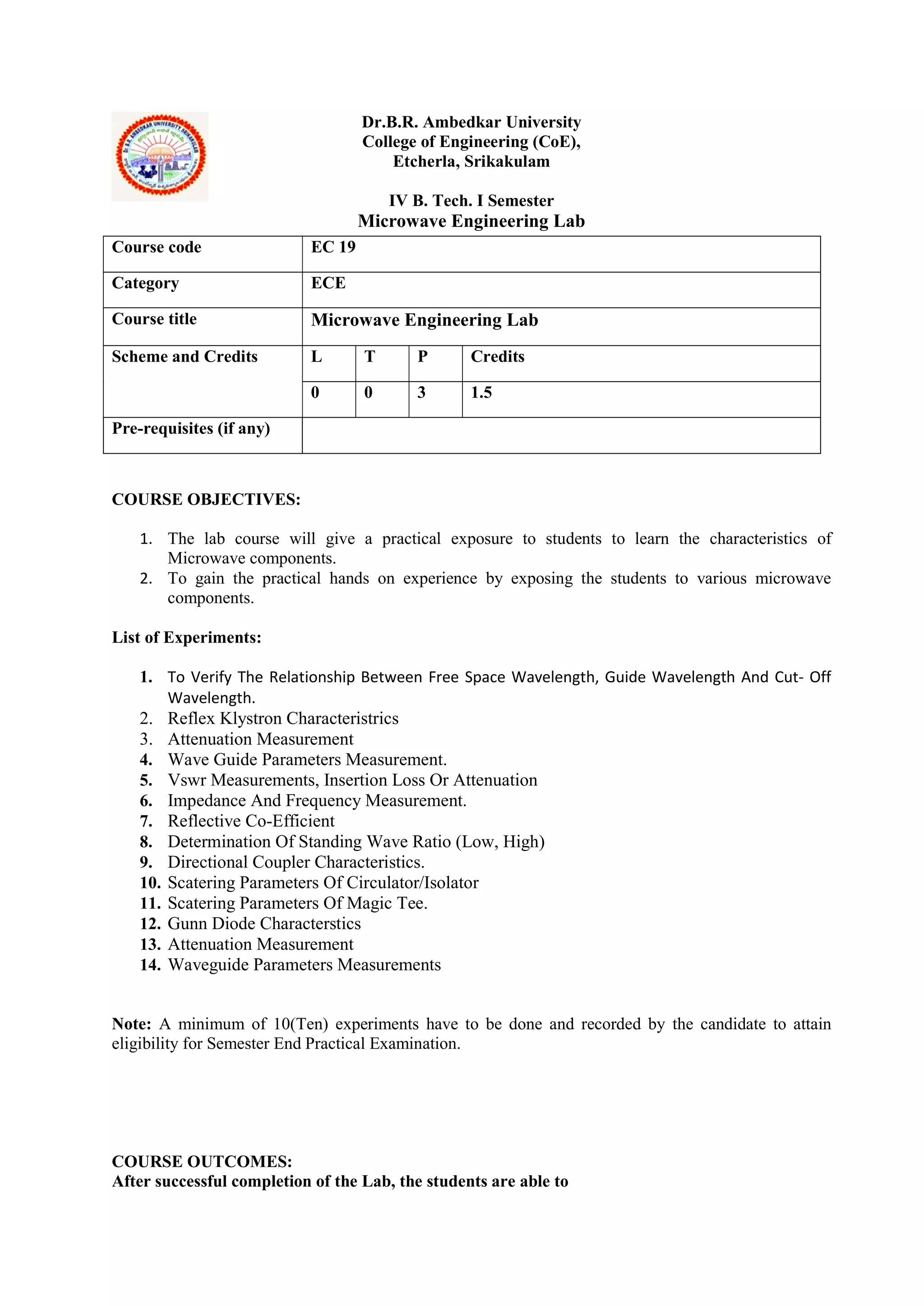 Dr.B.R. Ambedkar University
College of Engineering (CoE),
Etcherla, Srikakulam
IV B. Tech. I Semester
Microwave Engineering Lab
COURSE OBJECTIVES:
1. The lab course will give a practical exposure to students to learn the characteristics of
Microwave components.
2. To gain the practical hands on experience by exposing the students to various microwave
components.
List of Experiments:
1. To Verify The Relationship Between Free Space Wavelength, Guide Wavelength And Cut- Off
Wavelength.
2. Reflex Klystron Characteristrics
3. Attenuation Measurement
4. Wave Guide Parameters Measurement.
5. Vswr Measurements, Insertion Loss Or Attenuation
6. Impedance And Frequency Measurement.
7. Reflective Co-Efficient
8. Determination Of Standing Wave Ratio (Low, High)
9. Directional Coupler Characteristics.
10. Scatering Parameters Of Circulator/Isolator
11. Scatering Parameters Of Magic Tee.
12. Gunn Diode Characterstics
13. Attenuation Measurement
14. Waveguide Parameters Measurements
Note: A minimum of 10(Ten) experiments have to be done and recorded by the candidate to attain
eligibility for Semester End Practical Examination.
COURSE OUTCOMES:
After successful completion of the Lab, the students are able to
Course code EC 19
Category ECE
Course title Microwave Engineering Lab
Scheme and Credits L T P Credits
0 0 3 1.5
Pre-requisites (if any)
 