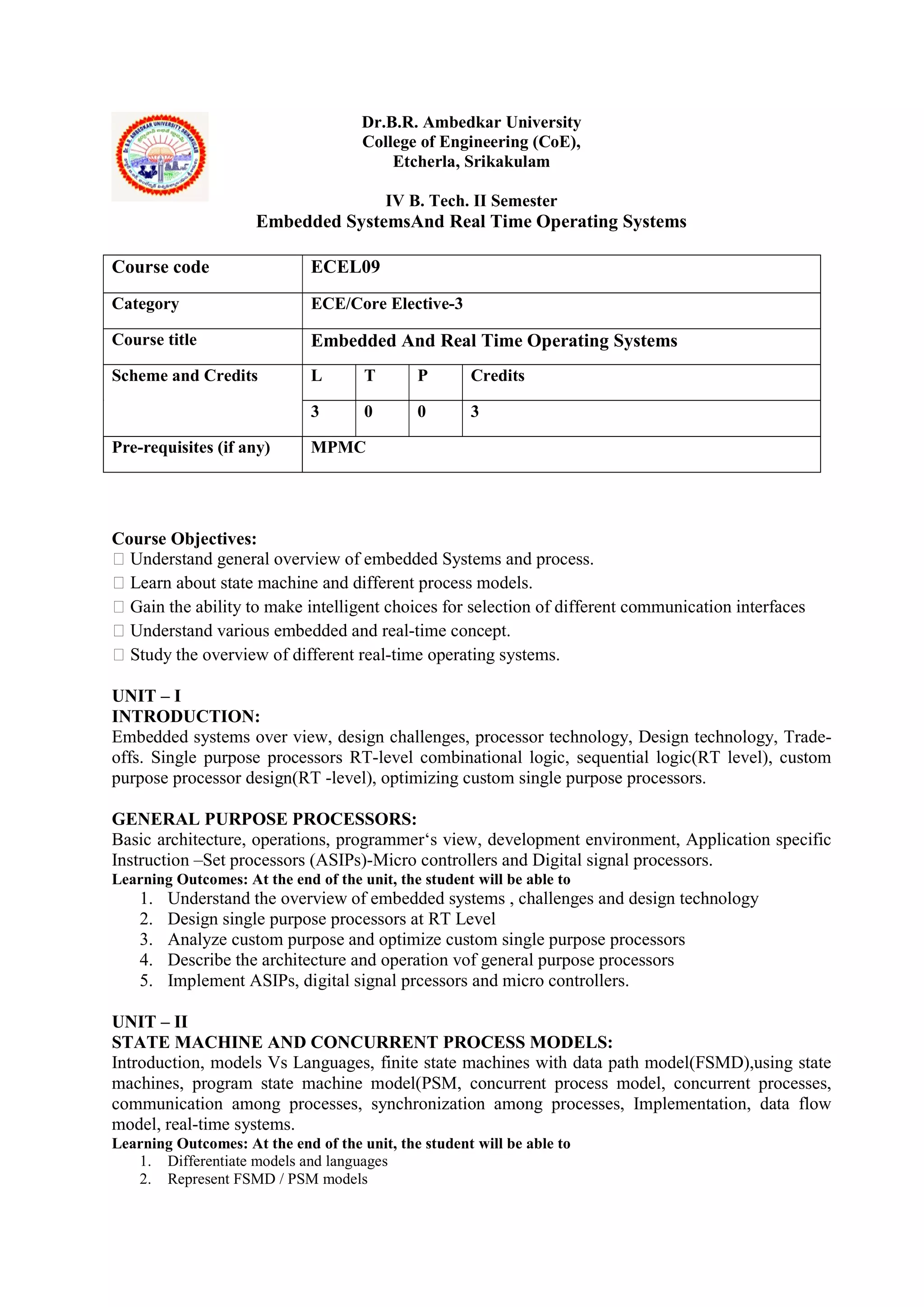 Dr.B.R. Ambedkar University
College of Engineering (CoE),
Etcherla, Srikakulam
IV B. Tech. II Semester
Embedded SystemsAnd Real Time Operating Systems
Course Objectives:
 Understand general overview of embedded Systems and process.
 Learn about state machine and different process models.
 Gain the ability to make intelligent choices for selection of different communication interfaces
 Understand various embedded and real-time concept.
 Study the overview of different real-time operating systems.
UNIT – I
INTRODUCTION:
Embedded systems over view, design challenges, processor technology, Design technology, Trade-
offs. Single purpose processors RT-level combinational logic, sequential logic(RT level), custom
purpose processor design(RT -level), optimizing custom single purpose processors.
GENERAL PURPOSE PROCESSORS:
Basic architecture, operations, programmer‘s view, development environment, Application specific
Instruction –Set processors (ASIPs)-Micro controllers and Digital signal processors.
Learning Outcomes: At the end of the unit, the student will be able to
1. Understand the overview of embedded systems , challenges and design technology
2. Design single purpose processors at RT Level
3. Analyze custom purpose and optimize custom single purpose processors
4. Describe the architecture and operation vof general purpose processors
5. Implement ASIPs, digital signal prcessors and micro controllers.
UNIT – II
STATE MACHINE AND CONCURRENT PROCESS MODELS:
Introduction, models Vs Languages, finite state machines with data path model(FSMD),using state
machines, program state machine model(PSM, concurrent process model, concurrent processes,
communication among processes, synchronization among processes, Implementation, data flow
model, real-time systems.
Learning Outcomes: At the end of the unit, the student will be able to
1. Differentiate models and languages
2. Represent FSMD / PSM models
Course code ECEL09
Category ECE/Core Elective-3
Course title Embedded And Real Time Operating Systems
Scheme and Credits L T P Credits
3 0 0 3
Pre-requisites (if any) MPMC
 