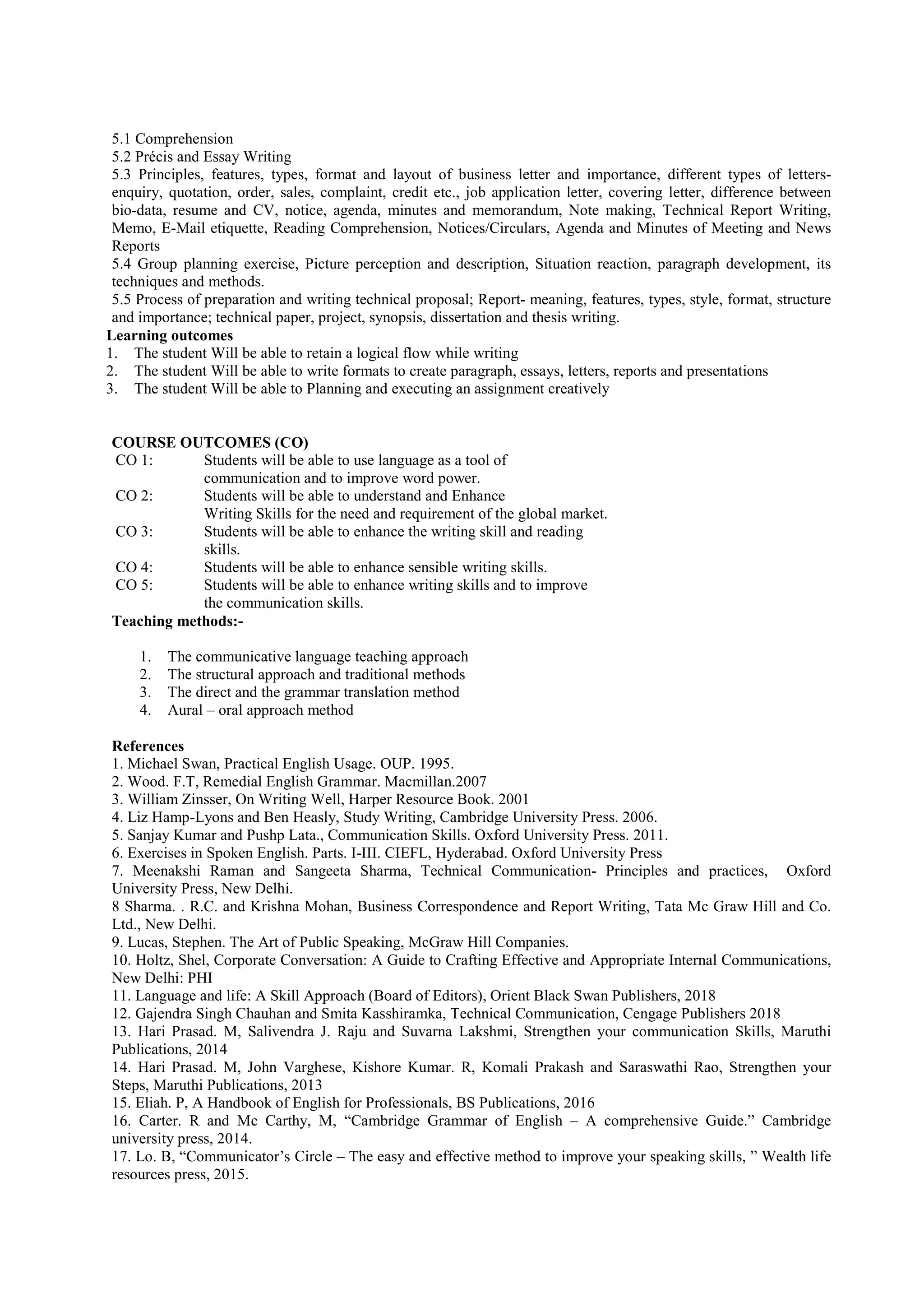 5.1 Comprehension
5.2 Précis and Essay Writing
5.3 Principles, features, types, format and layout of business letter and importance, different types of letters-
enquiry, quotation, order, sales, complaint, credit etc., job application letter, covering letter, difference between
bio-data, resume and CV, notice, agenda, minutes and memorandum, Note making, Technical Report Writing,
Memo, E-Mail etiquette, Reading Comprehension, Notices/Circulars, Agenda and Minutes of Meeting and News
Reports
5.4 Group planning exercise, Picture perception and description, Situation reaction, paragraph development, its
techniques and methods.
5.5 Process of preparation and writing technical proposal; Report- meaning, features, types, style, format, structure
and importance; technical paper, project, synopsis, dissertation and thesis writing.
Learning outcomes
1. The student Will be able to retain a logical flow while writing
2. The student Will be able to write formats to create paragraph, essays, letters, reports and presentations
3. The student Will be able to Planning and executing an assignment creatively
COURSE OUTCOMES (CO)
CO 1: Students will be able to use language as a tool of
communication and to improve word power.
CO 2: Students will be able to understand and Enhance
Writing Skills for the need and requirement of the global market.
CO 3: Students will be able to enhance the writing skill and reading
skills.
CO 4: Students will be able to enhance sensible writing skills.
CO 5: Students will be able to enhance writing skills and to improve
the communication skills.
Teaching methods:-
1. The communicative language teaching approach
2. The structural approach and traditional methods
3. The direct and the grammar translation method
4. Aural – oral approach method
References
1. Michael Swan, Practical English Usage. OUP. 1995.
2. Wood. F.T, Remedial English Grammar. Macmillan.2007
3. William Zinsser, On Writing Well, Harper Resource Book. 2001
4. Liz Hamp-Lyons and Ben Heasly, Study Writing, Cambridge University Press. 2006.
5. Sanjay Kumar and Pushp Lata., Communication Skills. Oxford University Press. 2011.
6. Exercises in Spoken English. Parts. I-III. CIEFL, Hyderabad. Oxford University Press
7. Meenakshi Raman and Sangeeta Sharma, Technical Communication- Principles and practices, Oxford
University Press, New Delhi.
8 Sharma. . R.C. and Krishna Mohan, Business Correspondence and Report Writing, Tata Mc Graw Hill and Co.
Ltd., New Delhi.
9. Lucas, Stephen. The Art of Public Speaking, McGraw Hill Companies.
10. Holtz, Shel, Corporate Conversation: A Guide to Crafting Effective and Appropriate Internal Communications,
New Delhi: PHI
11. Language and life: A Skill Approach (Board of Editors), Orient Black Swan Publishers, 2018
12. Gajendra Singh Chauhan and Smita Kasshiramka, Technical Communication, Cengage Publishers 2018
13. Hari Prasad. M, Salivendra J. Raju and Suvarna Lakshmi, Strengthen your communication Skills, Maruthi
Publications, 2014
14. Hari Prasad. M, John Varghese, Kishore Kumar. R, Komali Prakash and Saraswathi Rao, Strengthen your
Steps, Maruthi Publications, 2013
15. Eliah. P, A Handbook of English for Professionals, BS Publications, 2016
16. Carter. R and Mc Carthy, M, “Cambridge Grammar of English – A comprehensive Guide.” Cambridge
university press, 2014.
17. Lo. B, “Communicator’s Circle – The easy and effective method to improve your speaking skills, ” Wealth life
resources press, 2015.
 