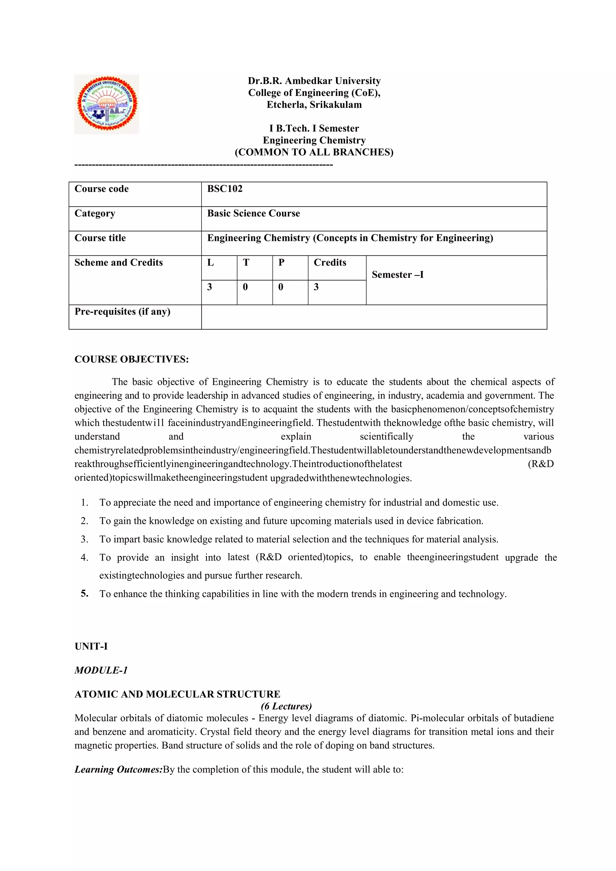 Dr.B.R. Ambedkar University
College of Engineering (CoE),
Etcherla, Srikakulam
I B.Tech. I Semester
Engineering Chemistry
(COMMON TO ALL BRANCHES)
---------------------------------------------------------------------------
Course code BSC102
Category Basic Science Course
Course title Engineering Chemistry (Concepts in Chemistry for Engineering)
Scheme and Credits L T P Credits
Semester –I
3 0 0 3
Pre-requisites (if any)
COURSE OBJECTIVES:
The basic objective of Engineering Chemistry is to educate the students about the chemical aspects of
engineering and to provide leadership in advanced studies of engineering, in industry, academia and government. The
objective of the Engineering Chemistry is to acquaint the students with the basicphenomenon/conceptsofchemistry
which thestudentwill faceinindustryandEngineeringfield. Thestudentwith theknowledge ofthe basic chemistry, will
understand and explain scientifically the various
chemistryrelatedproblemsintheindustry/engineeringfield.Thestudentwillabletounderstandthenewdevelopmentsandb
reakthroughsefficientlyinengineeringandtechnology.Theintroductionofthelatest (R&D
oriented)topicswillmaketheengineeringstudent upgradedwiththenewtechnologies.
1. To appreciate the need and importance of engineering chemistry for industrial and domestic use.
2. To gain the knowledge on existing and future upcoming materials used in device fabrication.
3. To impart basic knowledge related to material selection and the techniques for material analysis.
4. To provide an insight into latest (R&D oriented)topics, to enable theengineeringstudent upgrade the
existingtechnologies and pursue further research.
5. To enhance the thinking capabilities in line with the modern trends in engineering and technology.
UNIT-I
MODULE-1
ATOMIC AND MOLECULAR STRUCTURE
(6 Lectures)
Molecular orbitals of diatomic molecules - Energy level diagrams of diatomic. Pi-molecular orbitals of butadiene
and benzene and aromaticity. Crystal field theory and the energy level diagrams for transition metal ions and their
magnetic properties. Band structure of solids and the role of doping on band structures.
Learning Outcomes:By the completion of this module, the student will able to:
 