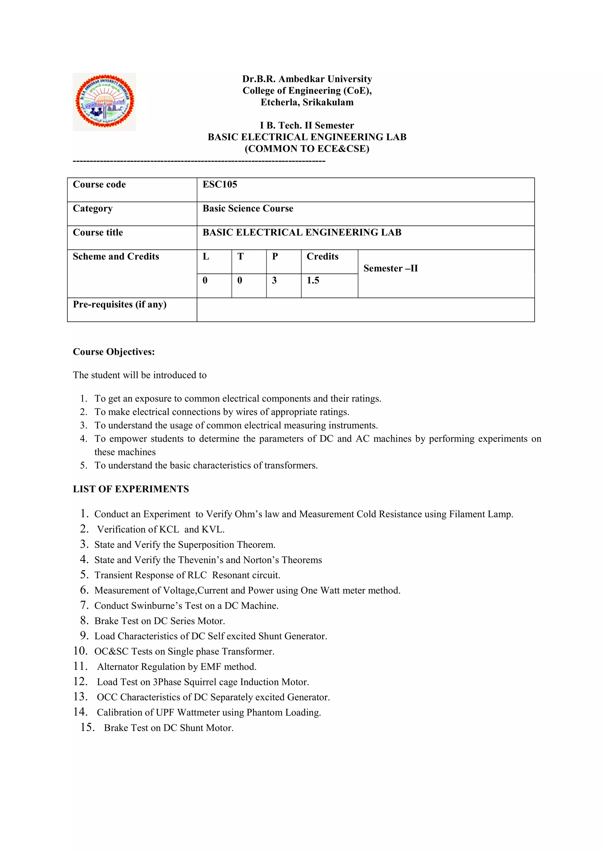 Dr.B.R. Ambedkar University
College of Engineering (CoE),
Etcherla, Srikakulam
I B. Tech. II Semester
BASIC ELECTRICAL ENGINEERING LAB
(COMMON TO ECE&CSE)
---------------------------------------------------------------------------
Course code ESC105
Category Basic Science Course
Course title BASIC ELECTRICAL ENGINEERING LAB
Scheme and Credits L T P Credits
Semester –II
0 0 3 1.5
Pre-requisites (if any)
Course Objectives:
The student will be introduced to
1. To get an exposure to common electrical components and their ratings.
2. To make electrical connections by wires of appropriate ratings.
3. To understand the usage of common electrical measuring instruments.
4. To empower students to determine the parameters of DC and AC machines by performing experiments on
these machines
5. To understand the basic characteristics of transformers.
LIST OF EXPERIMENTS
1. Conduct an Experiment to Verify Ohm’s law and Measurement Cold Resistance using Filament Lamp.
2. Verification of KCL and KVL.
3. State and Verify the Superposition Theorem.
4. State and Verify the Thevenin’s and Norton’s Theorems
5. Transient Response of RLC Resonant circuit.
6. Measurement of Voltage,Current and Power using One Watt meter method.
7. Conduct Swinburne’s Test on a DC Machine.
8. Brake Test on DC Series Motor.
9. Load Characteristics of DC Self excited Shunt Generator.
10. OC&SC Tests on Single phase Transformer.
11. Alternator Regulation by EMF method.
12. Load Test on 3Phase Squirrel cage Induction Motor.
13. OCC Characteristics of DC Separately excited Generator.
14. Calibration of UPF Wattmeter using Phantom Loading.
15. Brake Test on DC Shunt Motor.
 