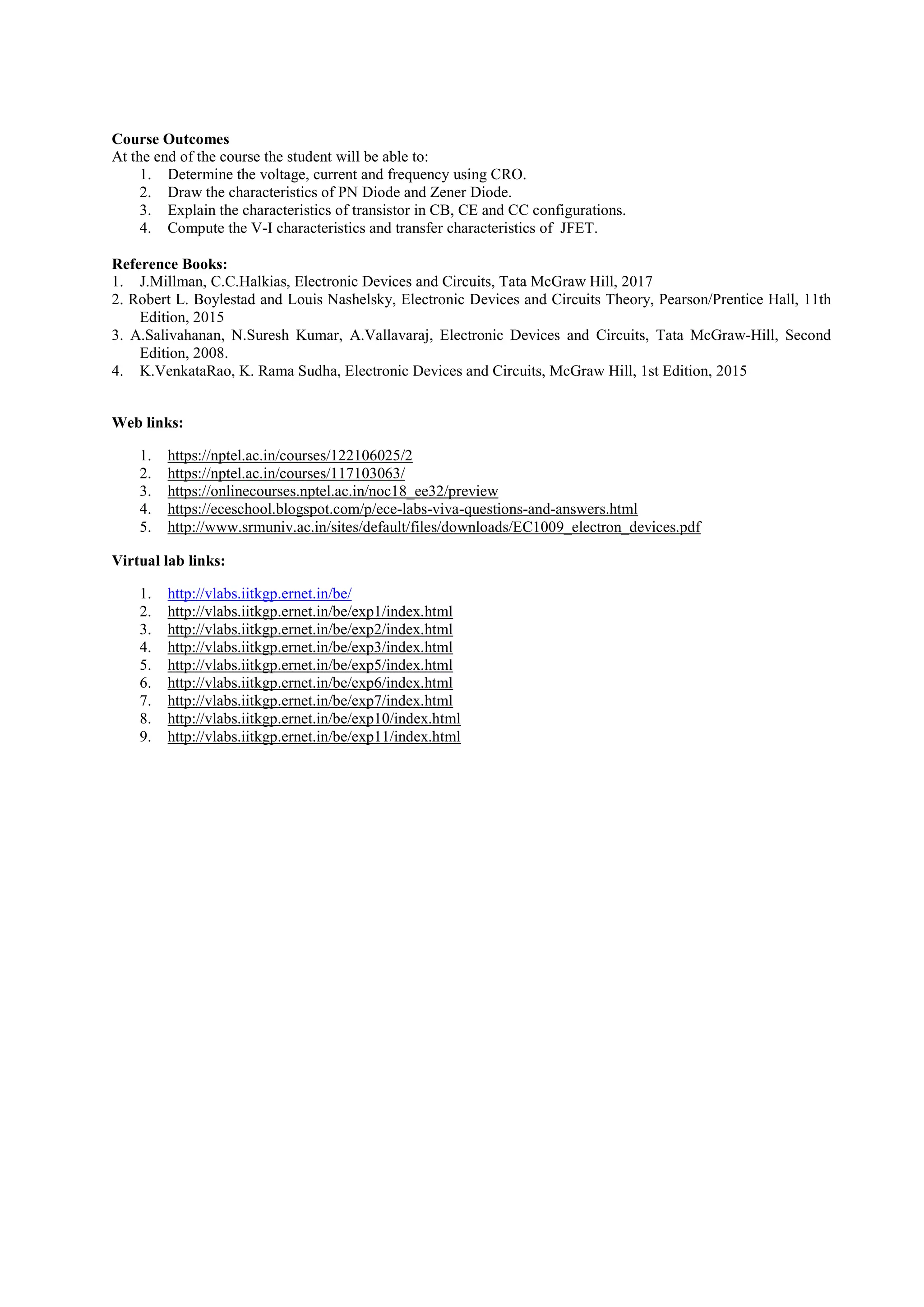 Course Outcomes
At the end of the course the student will be able to:
1. Determine the voltage, current and frequency using CRO.
2. Draw the characteristics of PN Diode and Zener Diode.
3. Explain the characteristics of transistor in CB, CE and CC configurations.
4. Compute the V-I characteristics and transfer characteristics of JFET.
Reference Books:
1. J.Millman, C.C.Halkias, Electronic Devices and Circuits, Tata McGraw Hill, 2017
2. Robert L. Boylestad and Louis Nashelsky, Electronic Devices and Circuits Theory, Pearson/Prentice Hall, 11th
Edition, 2015
3. A.Salivahanan, N.Suresh Kumar, A.Vallavaraj, Electronic Devices and Circuits, Tata McGraw-Hill, Second
Edition, 2008.
4. K.VenkataRao, K. Rama Sudha, Electronic Devices and Circuits, McGraw Hill, 1st Edition, 2015
Web links:
1. https://nptel.ac.in/courses/122106025/2
2. https://nptel.ac.in/courses/117103063/
3. https://onlinecourses.nptel.ac.in/noc18_ee32/preview
4. https://eceschool.blogspot.com/p/ece-labs-viva-questions-and-answers.html
5. http://www.srmuniv.ac.in/sites/default/files/downloads/EC1009_electron_devices.pdf
Virtual lab links:
1. http://vlabs.iitkgp.ernet.in/be/
2. http://vlabs.iitkgp.ernet.in/be/exp1/index.html
3. http://vlabs.iitkgp.ernet.in/be/exp2/index.html
4. http://vlabs.iitkgp.ernet.in/be/exp3/index.html
5. http://vlabs.iitkgp.ernet.in/be/exp5/index.html
6. http://vlabs.iitkgp.ernet.in/be/exp6/index.html
7. http://vlabs.iitkgp.ernet.in/be/exp7/index.html
8. http://vlabs.iitkgp.ernet.in/be/exp10/index.html
9. http://vlabs.iitkgp.ernet.in/be/exp11/index.html
 