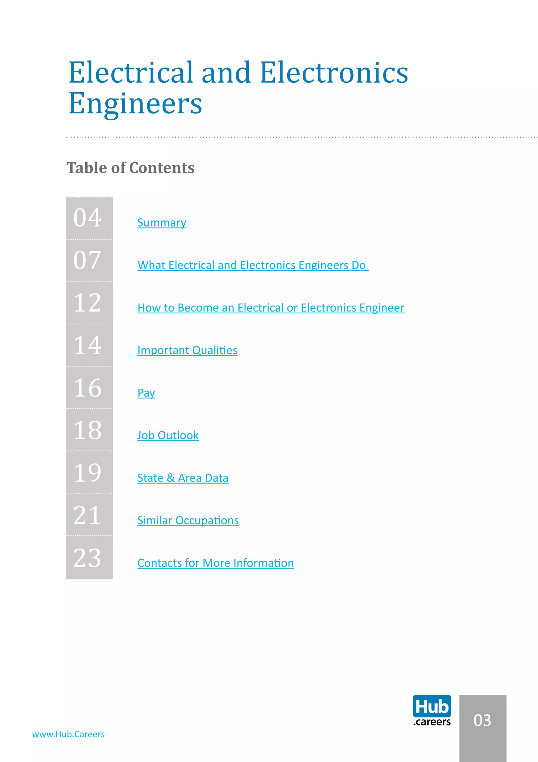 03
www.Hub.Careers
Electrical and Electronics
Engineers
Table of Contents
04 	 Summary	
07 	 What Electrical and Electronics Engineers Do
12 	 How to Become an Electrical or Electronics Engineer
14 	 Important Qualities
16 	 Pay
18 	 Job Outlook
19 	 State & Area Data
21 	 Similar Occupations
23 	 Contacts for More Information
 