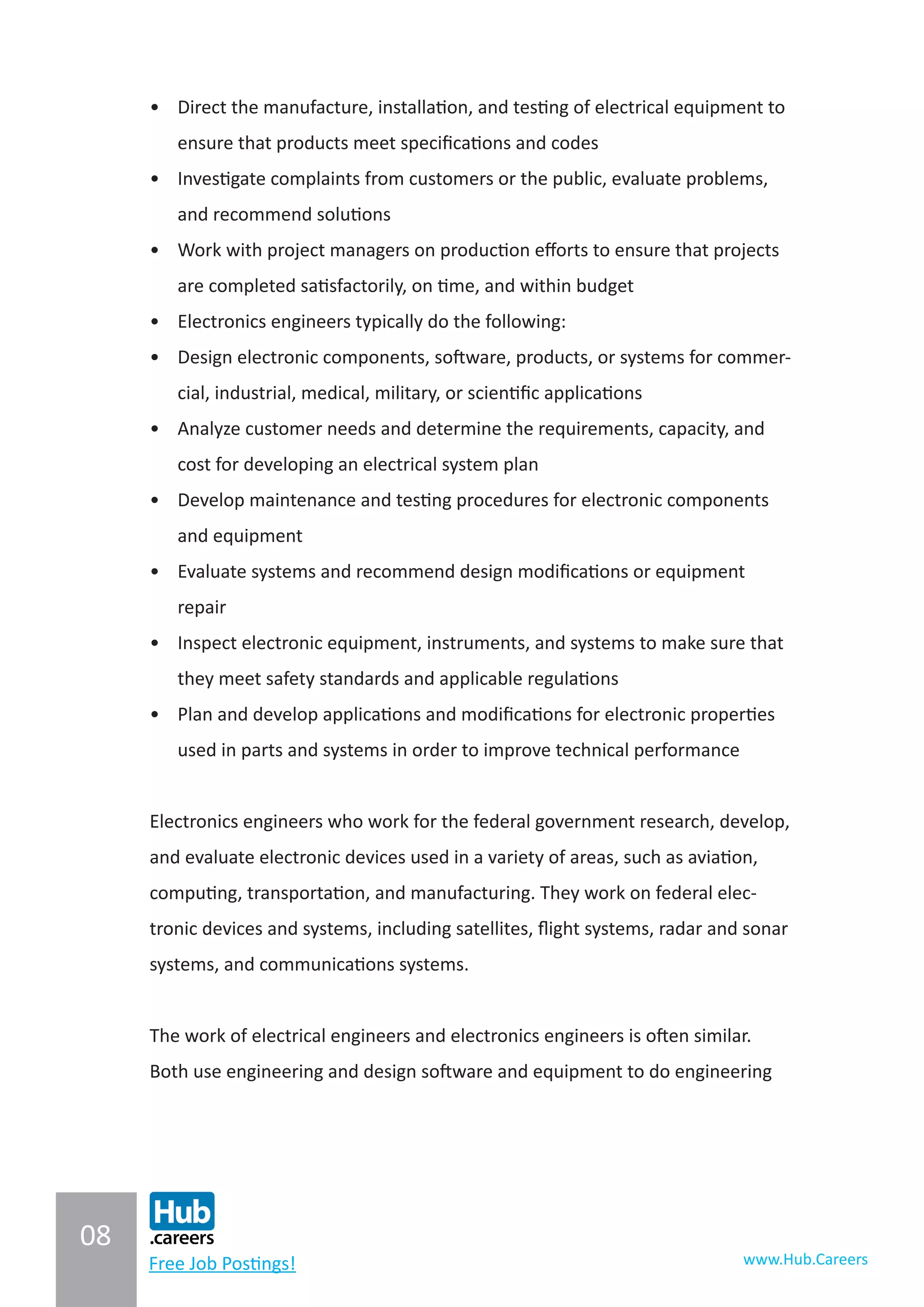 08
www.Hub.CareersFree Job Postings!
•	 Direct the manufacture, installation, and testing of electrical equipment to
ensure that products meet specifications and codes
•	 Investigate complaints from customers or the public, evaluate problems,
and recommend solutions
•	 Work with project managers on production efforts to ensure that projects
are completed satisfactorily, on time, and within budget
•	 Electronics engineers typically do the following:
•	 Design electronic components, software, products, or systems for commer-
cial, industrial, medical, military, or scientific applications
•	 Analyze customer needs and determine the requirements, capacity, and
cost for developing an electrical system plan
•	 Develop maintenance and testing procedures for electronic components
and equipment
•	 Evaluate systems and recommend design modifications or equipment
repair
•	 Inspect electronic equipment, instruments, and systems to make sure that
they meet safety standards and applicable regulations
•	 Plan and develop applications and modifications for electronic properties
used in parts and systems in order to improve technical performance
Electronics engineers who work for the federal government research, develop,
and evaluate electronic devices used in a variety of areas, such as aviation,
computing, transportation, and manufacturing. They work on federal elec-
tronic devices and systems, including satellites, flight systems, radar and sonar
systems, and communications systems.
The work of electrical engineers and electronics engineers is often similar.
Both use engineering and design software and equipment to do engineering
 