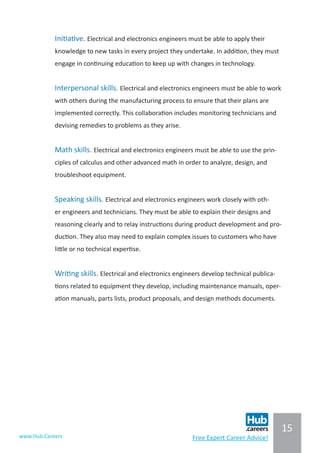 15
www.Hub.Careers Free Expert Career Advice!
Initiative. Electrical and electronics engineers must be able to apply their
knowledge to new tasks in every project they undertake. In addition, they must
engage in continuing education to keep up with changes in technology.
Interpersonal skills. Electrical and electronics engineers must be able to work
with others during the manufacturing process to ensure that their plans are
implemented correctly. This collaboration includes monitoring technicians and
devising remedies to problems as they arise.
Math skills. Electrical and electronics engineers must be able to use the prin-
ciples of calculus and other advanced math in order to analyze, design, and
troubleshoot equipment.
Speaking skills. Electrical and electronics engineers work closely with oth-
er engineers and technicians. They must be able to explain their designs and
reasoning clearly and to relay instructions during product development and pro-
duction. They also may need to explain complex issues to customers who have
little or no technical expertise.
Writing skills. Electrical and electronics engineers develop technical publica-
tions related to equipment they develop, including maintenance manuals, oper-
ation manuals, parts lists, product proposals, and design methods documents.
 