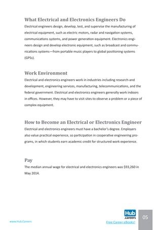 05
www.Hub.Careers Free Career eBooks!
What Electrical and Electronics Engineers Do
Electrical engineers design, develop, test, and supervise the manufacturing of
electrical equipment, such as electric motors, radar and navigation systems,
communications systems, and power generation equipment. Electronics engi-
neers design and develop electronic equipment, such as broadcast and commu-
nications systems—from portable music players to global positioning systems
(GPSs).
Work Environment
Electrical and electronics engineers work in industries including research-and
development, engineering services, manufacturing, telecommunications, and the
federal government. Electrical and electronics engineers generally work indoors
in offices. However, they may have to visit sites to observe a problem or a piece of
complex equipment.
How to Become an Electrical or Electronics Engineer
Electrical and electronics engineers must have a bachelor’s degree. Employers
also value practical experience, so participation in cooperative engineering pro-
grams, in which students earn academic credit for structured work experience.
Pay
The median annual wage for electrical and electronics engineers was $93,260 in
May 2014.
 