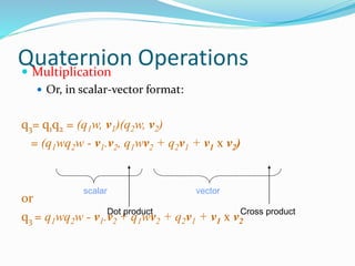 Quaternion Operations Multiplication
 Or, in scalar-vector format:
q3= q1q2 = (q1w, v1)(q2w, v2)
= (q1wq2w - v1.v2, q1wv2 + q2v1 + v1 x v2)
or
q3 = q1wq2w - v1.v2 + q1wv2 + q2v1 + v1 x v2
Dot product Cross product
scalar vector
 