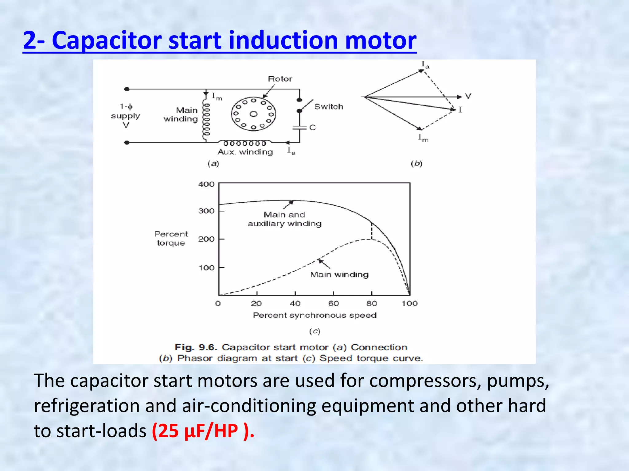 2- Capacitor start induction motor
The capacitor start motors are used for compressors, pumps,
refrigeration and air-conditioning equipment and other hard
to start-loads (25 µF/HP ).
 