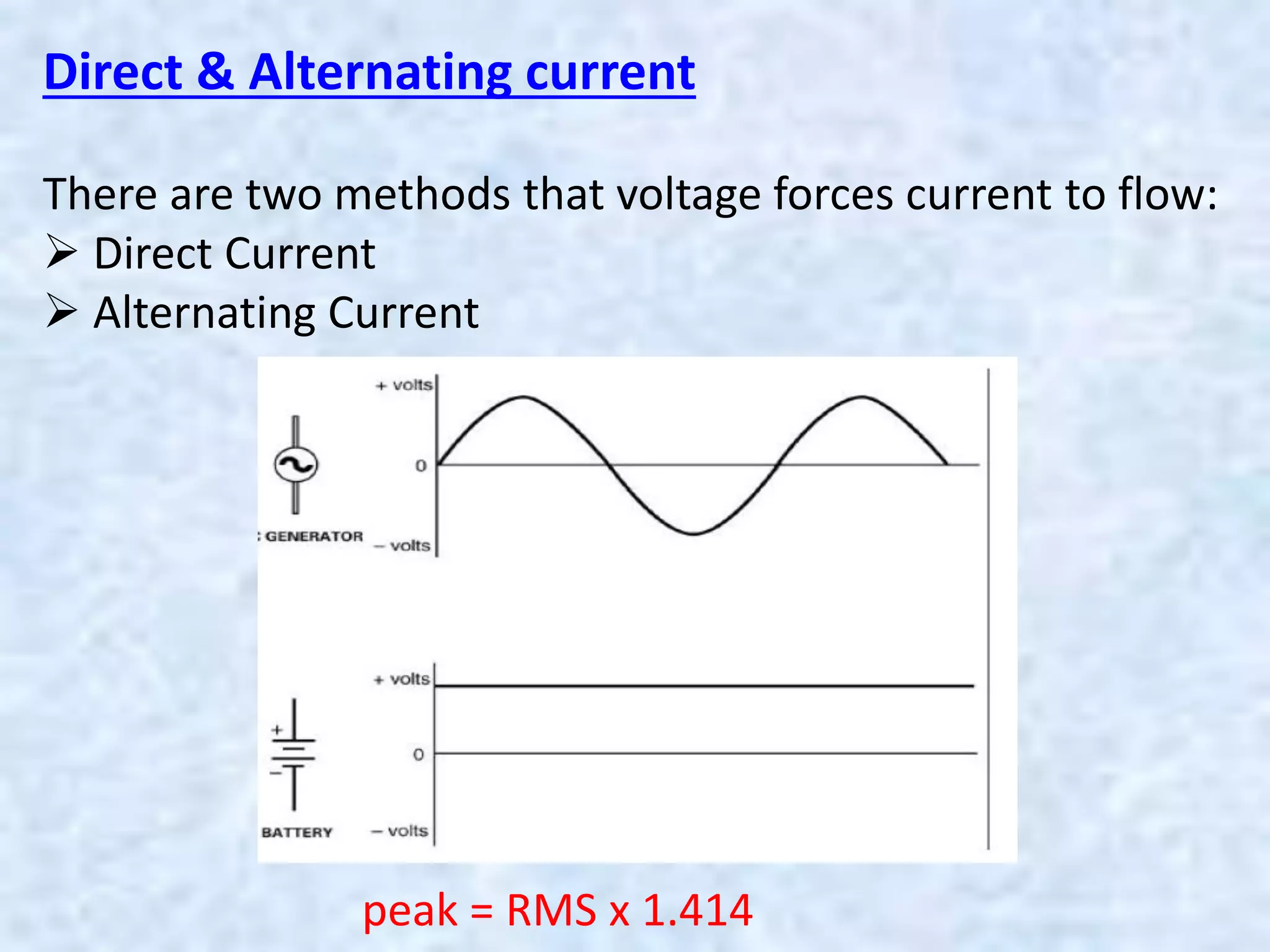 Direct & Alternating current
There are two methods that voltage forces current to flow:
 Direct Current
 Alternating Current
peak = RMS x 1.414
 