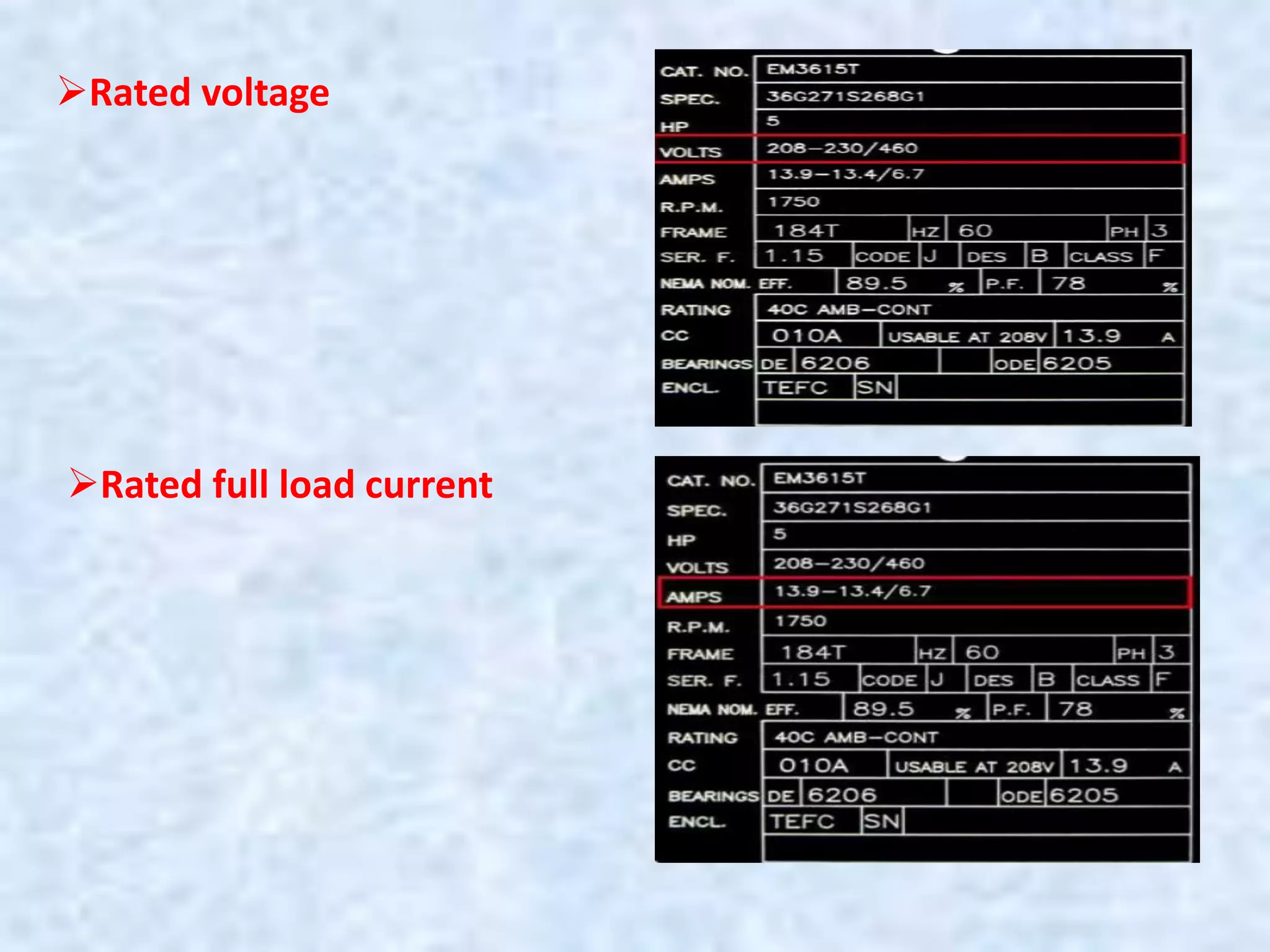 Rated voltage
Rated full load current
 