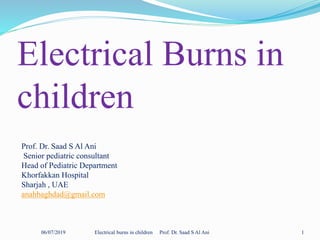Prof. Dr. Saad S Al Ani
Senior pediatric consultant
Head of Pediatric Department
Khorfakkan Hospital
Sharjah , UAE
anahbaghdad@gmail.com
Electrical Burns in
children
06/07/2019 Electrical burns in children Prof. Dr. Saad S Al Ani 1
 