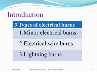 Introduction
06/07/2019 Electrical burns in children Prof. Dr. Saad S Al Ani 15
3 Types of electrical burns
1.Minor electrical burns
2.Electrical wire burns
3.Lightning burns
 