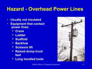Hazard - Overhead Power Lines
• Usually not insulated
• Equipment that contact
power lines:
 Crane
 Ladder
 Scaffold
 Backhoe
 Scissors lift
 Raised dump truck
bed
 Long handled tools
OSHA Office of Training & Education 17
 