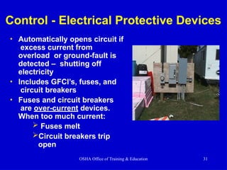 Control - Electrical Protective Devices
• Automatically opens circuit if
excess current from
overload or ground-fault is
detected – shutting off
electricity
• Includes GFCI’s, fuses, and
circuit breakers
• Fuses and circuit breakers
are over-current devices.
When too much current:
 Fuses melt
Circuit breakers trip
open
OSHA Office of Training & Education 31
 