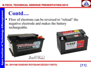 Mr. SHYAM SUNDAR ROY(Roll# EEE201116075)
B.TECH. TECHNICAL SEMINAR PRESENTATION-2014
[11]
Contd…
 Flow of electrons can be reversed to “reload” the
negative electrode and makes the battery
rechargeable.
 