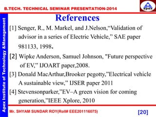 Mr. SHYAM SUNDAR ROY(Roll# EEE201116075)
B.TECH. TECHNICAL SEMINAR PRESENTATION-2014
[20]
References
[1] Senger, R., M. Markel, and J.Nelson,“Validation of
advisor in a series of Electric Vehicle,” SAE paper
981133, 1998.
[2] Wipke Anderson, Samuel Johnson, "Future perspective
of EV,” IJOART paper,2008.
[3] Donald MacArthur,Brooker pegotty,”Electrical vehicle
A sustainable view,” IJSER paper 2011
[4] Stevensonparker,”EV–A green vision for coming
generation,”IEEE Xplore, 2010
 