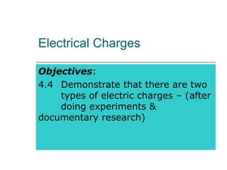 Electrical Charges

Objectives:
4.4 Demonstrate that there are two
    types of electric charges – (after
    doing experiments &
documentary research)
 