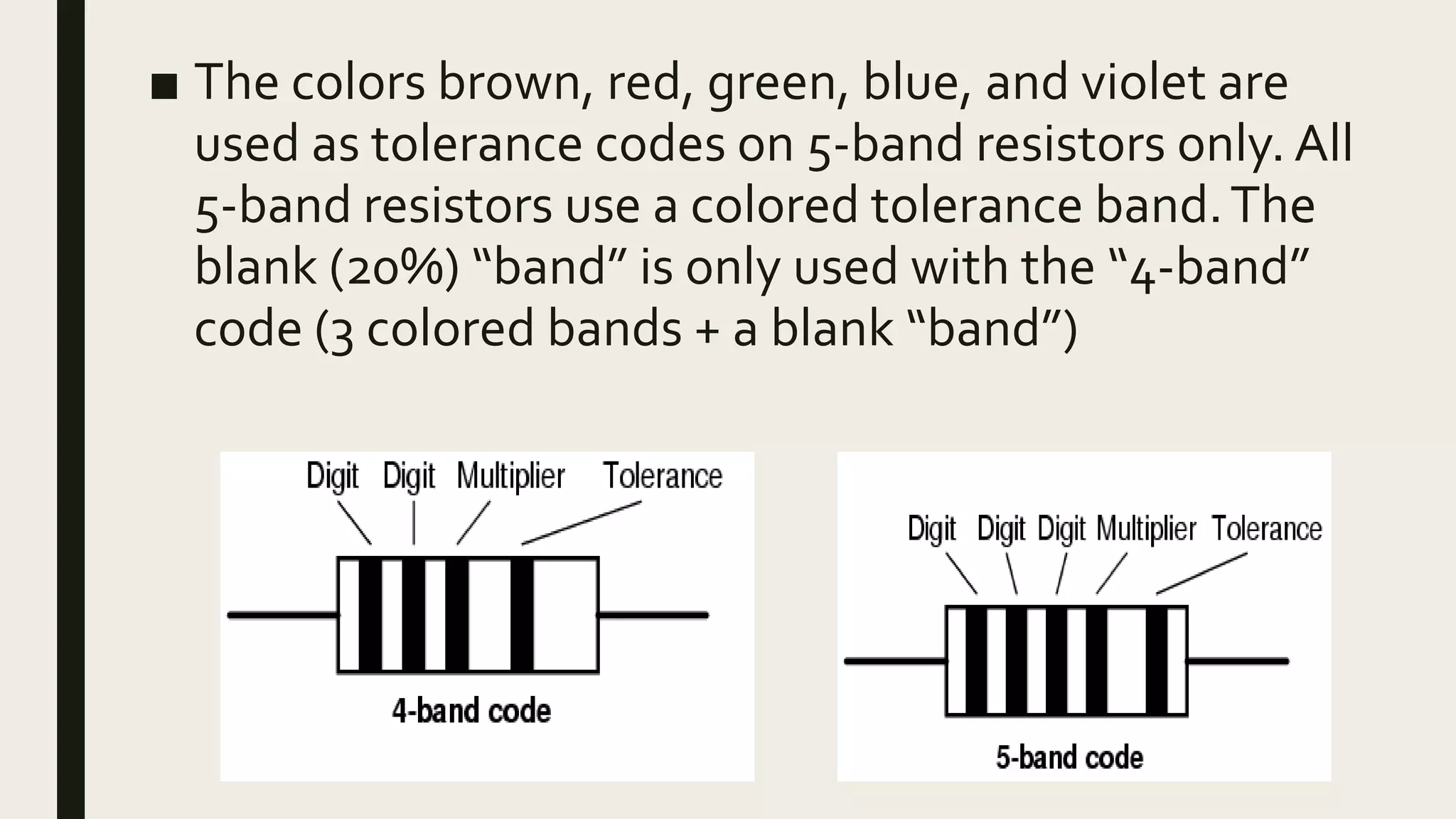 ■ The colors brown, red, green, blue, and violet are
used as tolerance codes on 5-band resistors only. All
5-band resistors use a colored tolerance band.The
blank (20%) “band” is only used with the “4-band”
code (3 colored bands + a blank “band”)
 